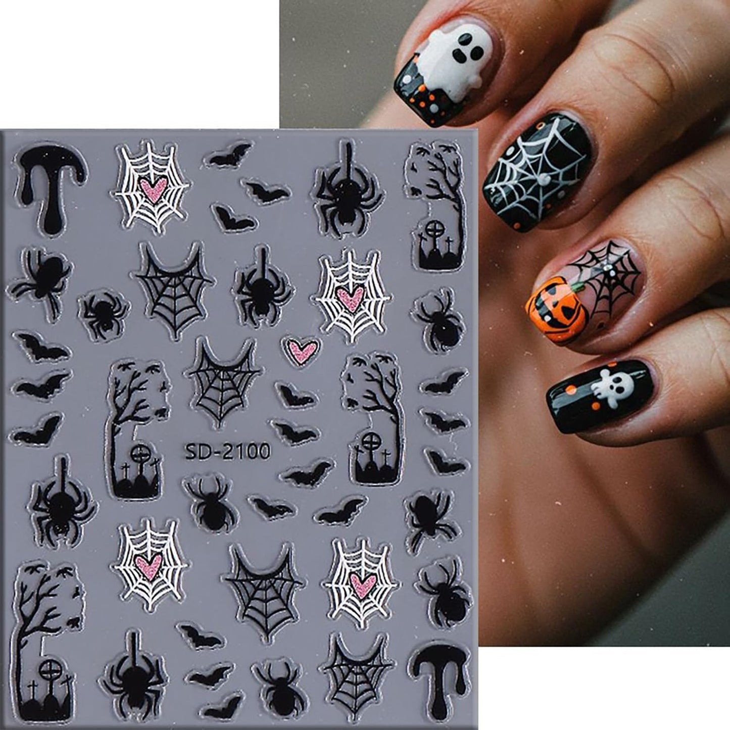 6 Sheets Halloween Nail Art Stickers 3D Self -Adhesive Ghost Bat Spider Nail Decals Holographic Spider Web Skeleton Blood Drop Nail Stickers Halloween Nail Decoration for Women Manicure Supplies