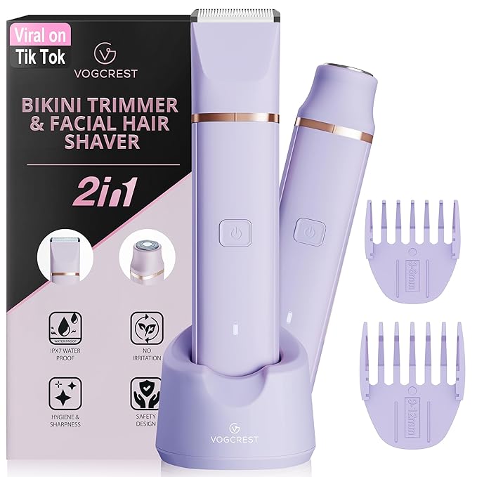 Electric Bikini Trimmer: 2 in1 Body Facial Hair Remover - Painless Pubic Hair Shaver (Purple)