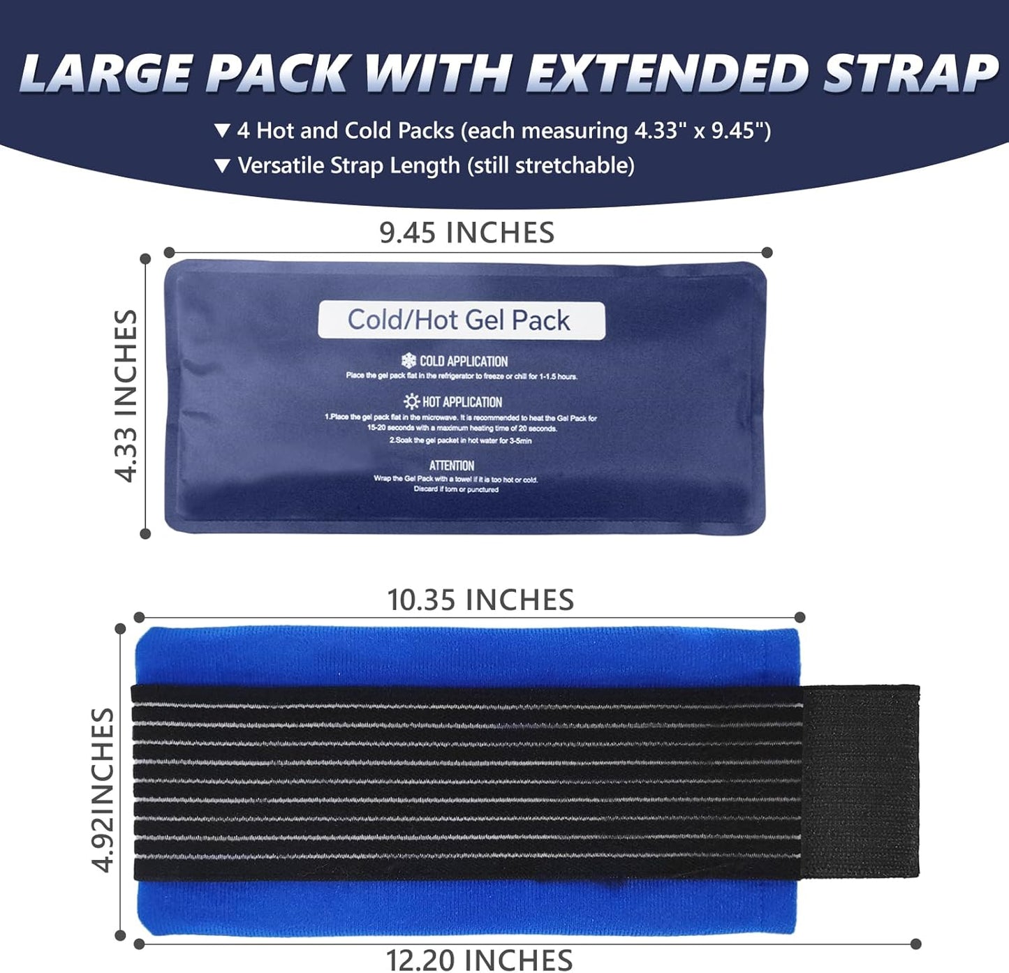 Reusable Gel Soft Ice Packs for Injuries, 4 Pack Flexible Hot and Cold Packs with Strap for Knees, Back, Face, Joint & Muscle Pain Relief (Small 4.33"x 9.45")