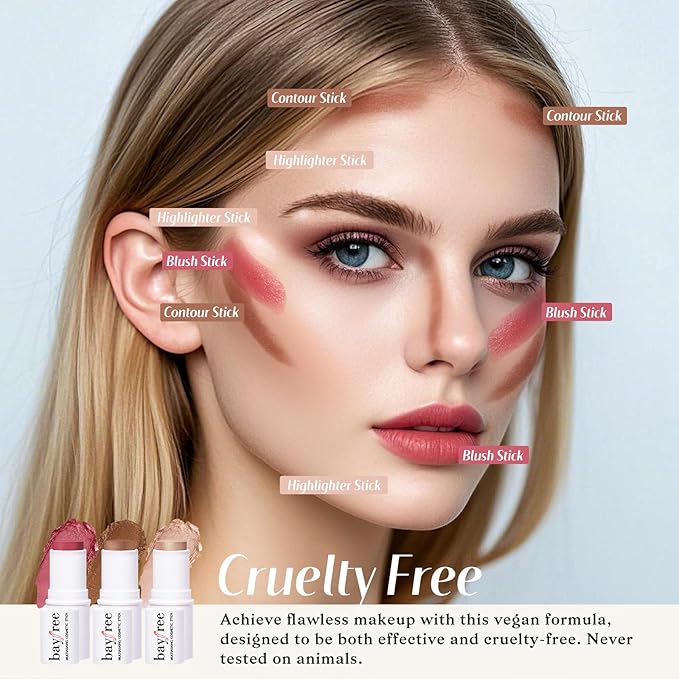 KIMUSE Face Sticks Trio, Cream Blush Stick & Highlighter Stick & Contour Stick for Sculpt the Cheeks, Long Lasting Cream Contour Stick Trio for Face Makeup, with Brush