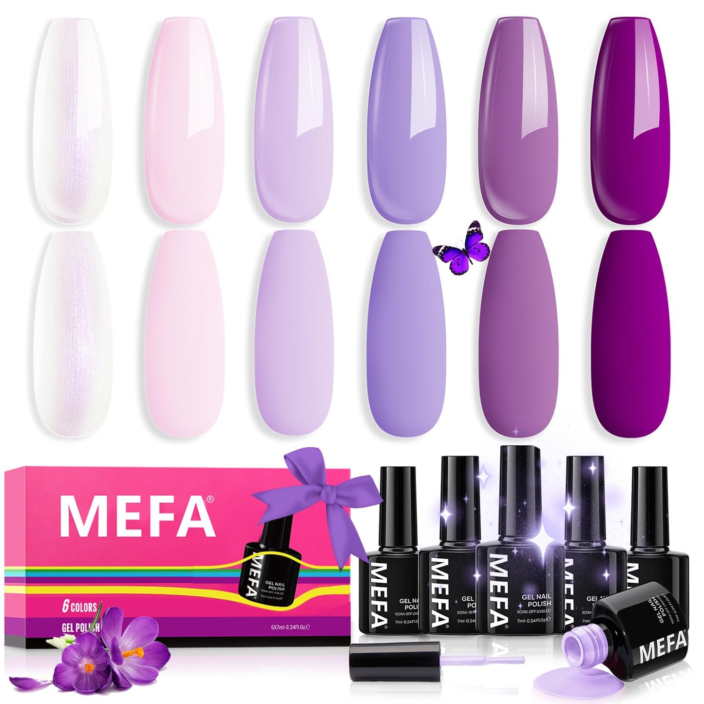 MEFA Purple Gel Nail Polish, 6 Colors Gel Polish Set Pink Shimmer Purple Nail Polish Soak Off Grape Lilac Violet Gel Nail Art Manicure DIY Salon Gifts for Women Girls