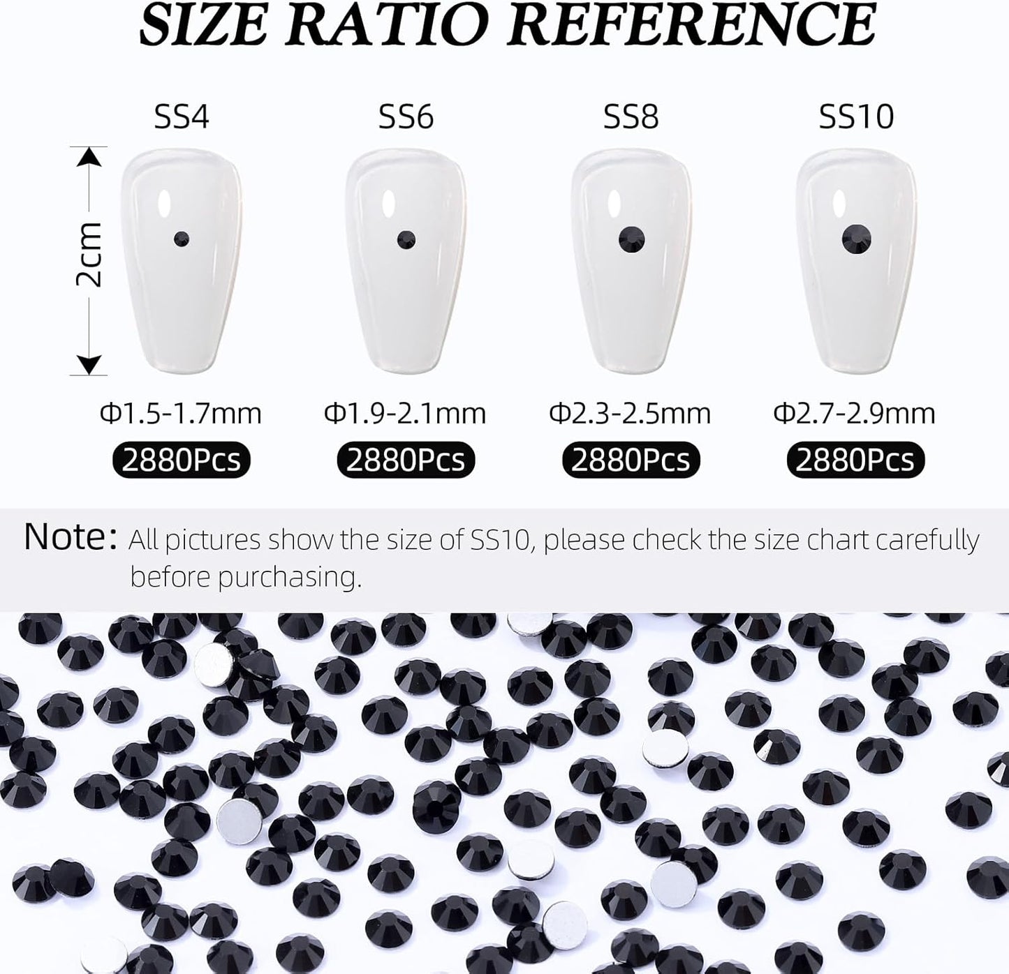 Black Flatback Rhinestones, Glass Rhinestones for Nail Art and Craft, Glue Fix, Loose Crystal Gemstones(Black, SS10, 2880pcs, 2.7-2.8mm)