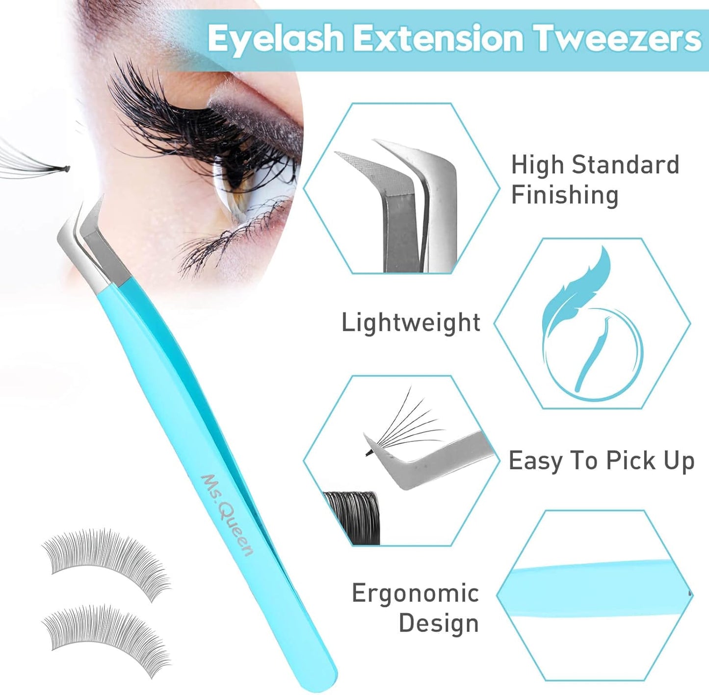 Ms.Queen Lash Tweezers for Eyelash Extensions,Professional 5Pcs Fiber Tip Curved Isolation 45 90 Degree Boot Volume Lash Tweezers for Extensions, Blue