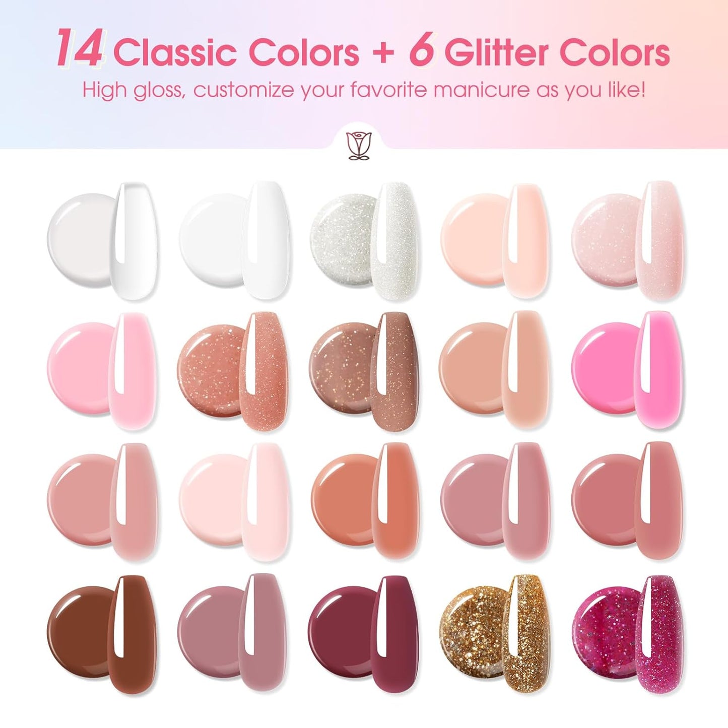 ROSALIND 20 Poly Nail Gel Kit with Mini Nail Lamp Glitter Collection with Tools Clear Poly Nail Gel Starter Kit with Nail Forms Base Coat Coat Basic Tools for Beginners with Everything