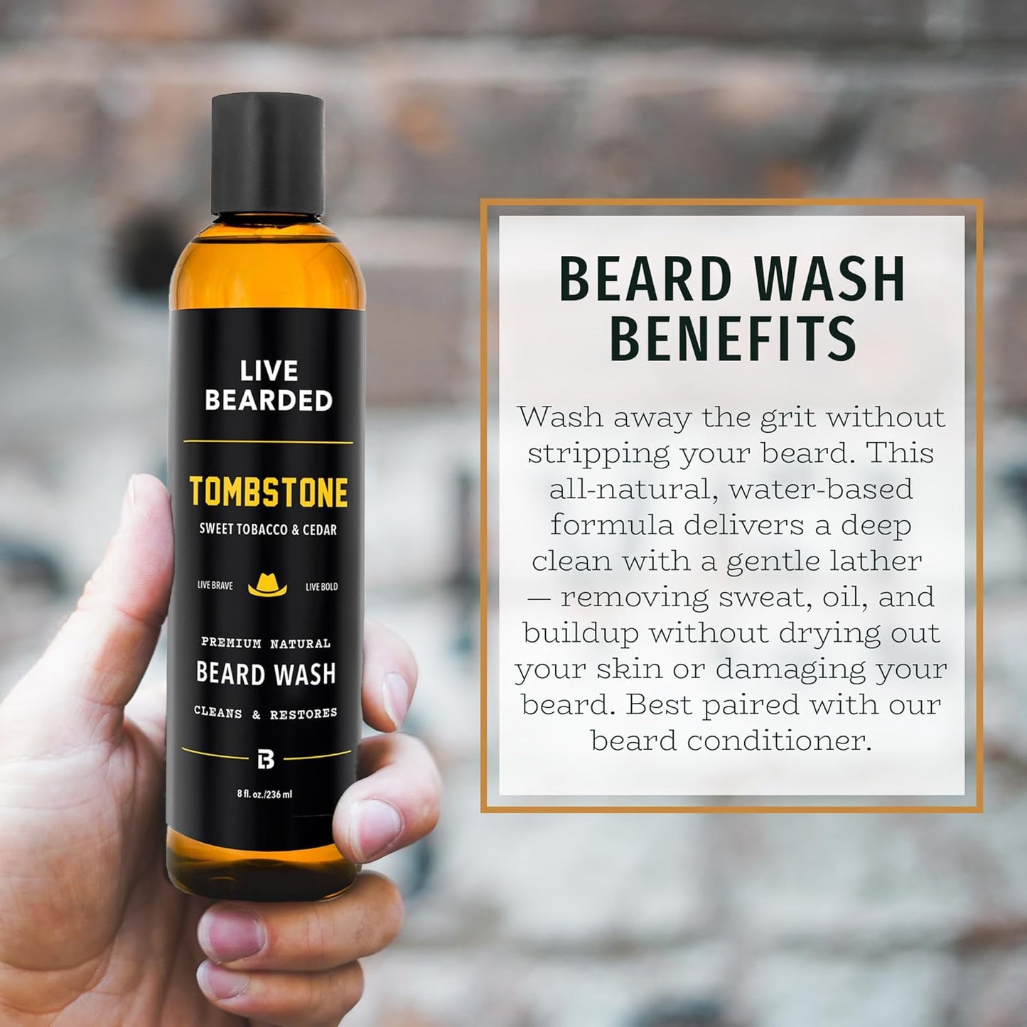 Live Bearded Beard Wash, 8 fl oz - Water-Based Face Cleanser with All-Natural Ingredients for a Gentle, Deep Clean - Made in the USA | Tombstone Scent - Sweet Tobacco, Cedar