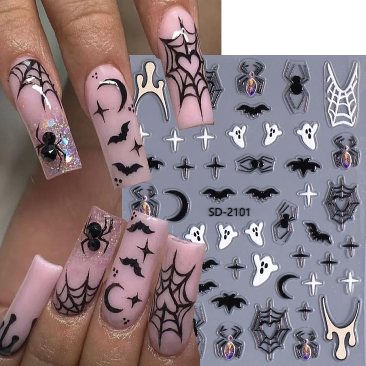 4 Sheets Halloween Nail Stickers Spider Nail Decals Bat Nail Art Stickers Spider Web White Ghost Black Heart Design Star Moon Nail Sticker for Nail Art Decor Scared Manicure Accessories for Women