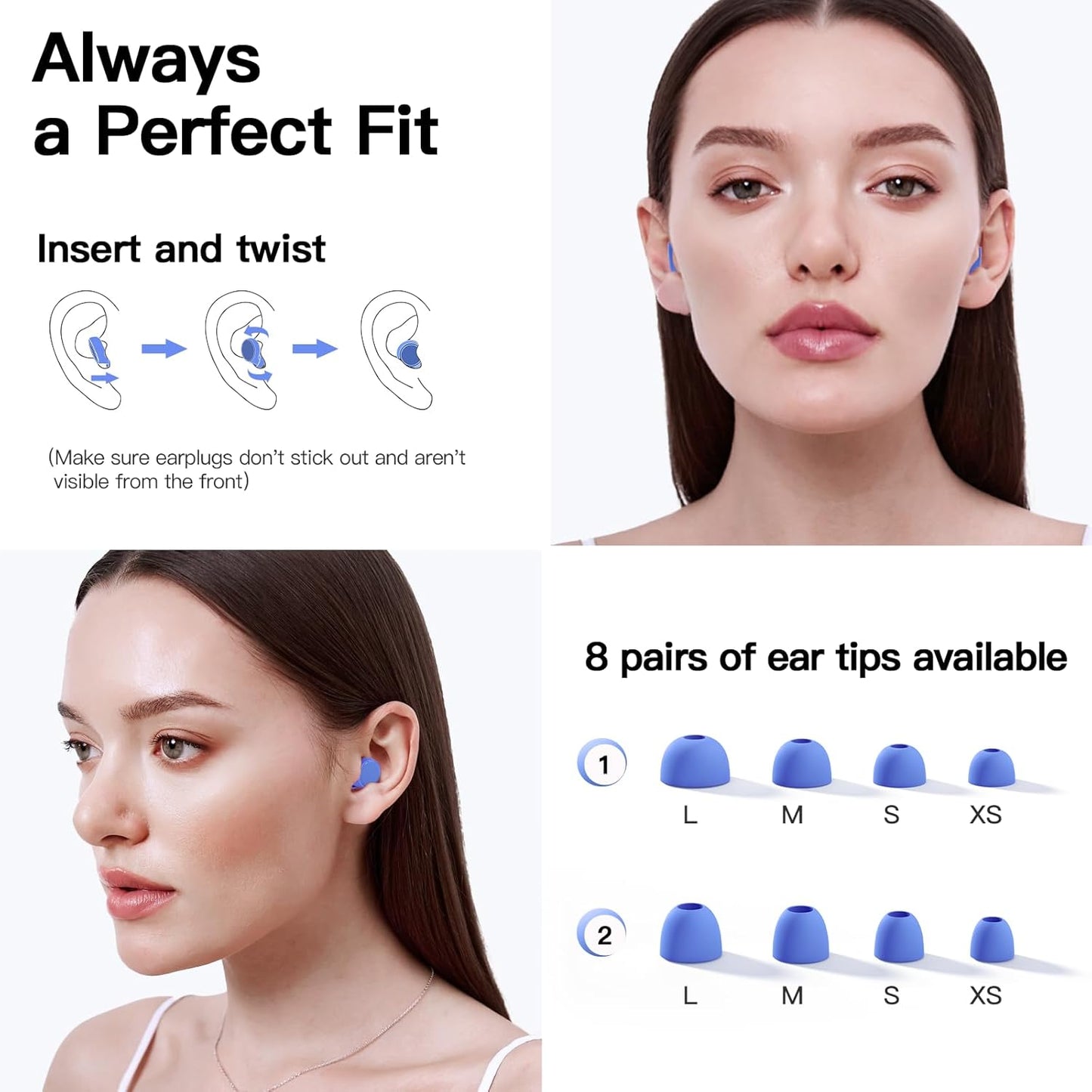 Ear Plugs for Sleeping 45dB Noise Cancelling Ear Plugs for Concerts, Focus, Travel, Work Silicone Hearing Protection Earplugs with 8 Tips (XS-L) Reusable Noise Reduction Ear Plug for Snoring Blue