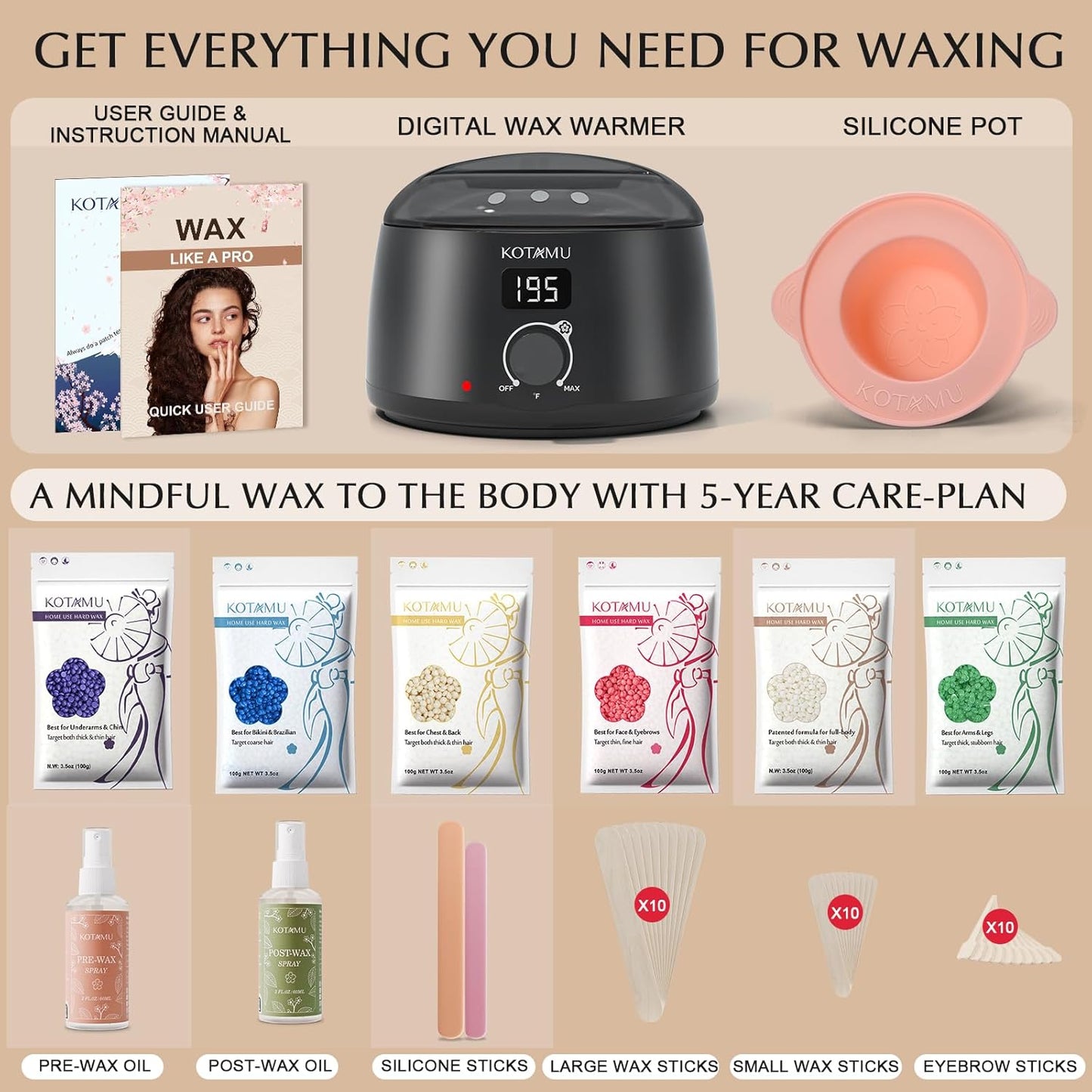 KOTAMU Waxing Kit-Professional Wax Warmer for Women& Men Hair Removal,Black Waxing Machine With Silicone Pot, Sensitive Skin Friendly Body Wax Kit Ideal for Face Bikin Brazilian Leg Home Salon