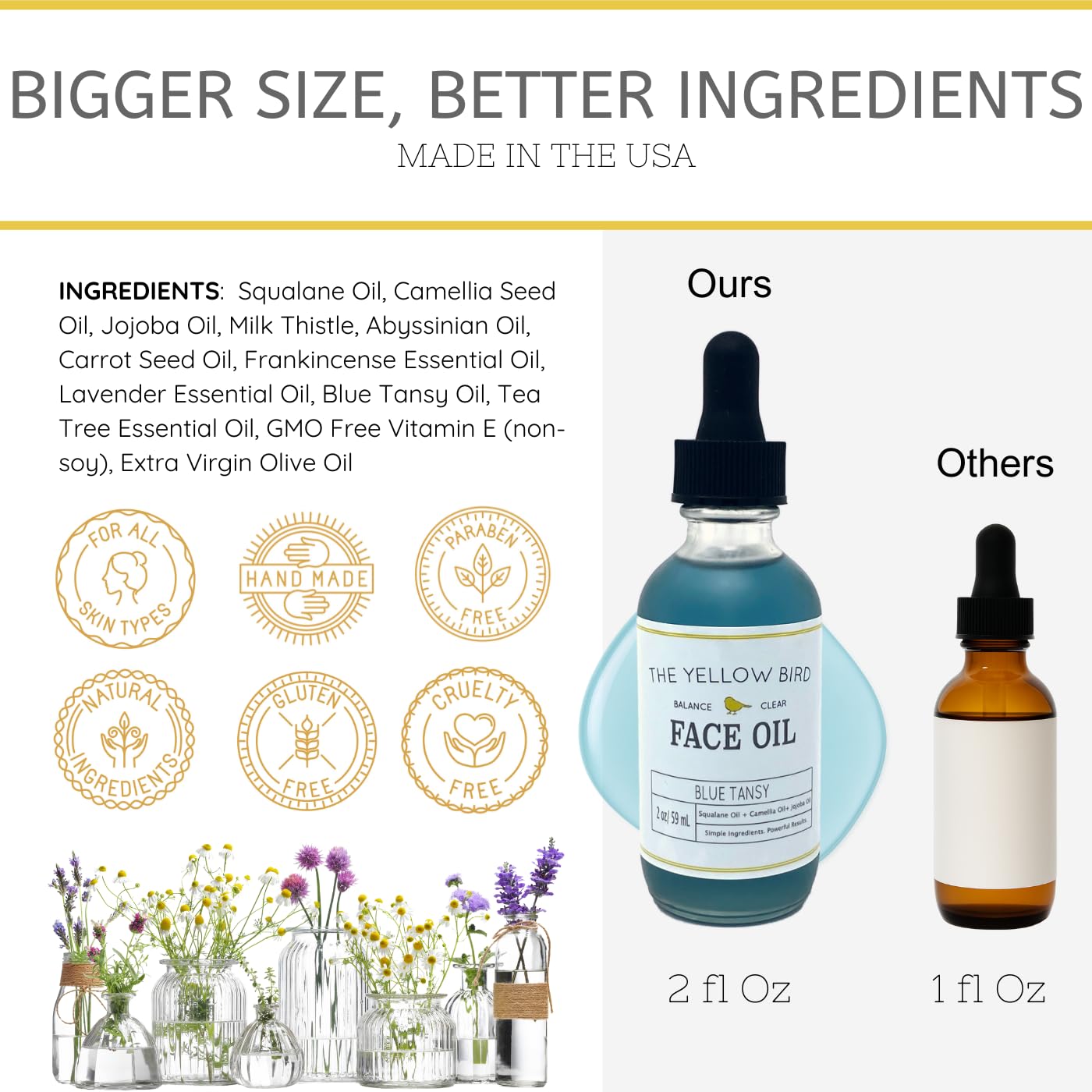 Yellow Bird Balancing Blue Tansy Face Oil 2 oz / 59 ml – Skin Glowing Serum. Collagen Support. Promotes Clear Skin Naturally. Wrinkle, Blemish & Pore Minimizer. Natural, Vegan Facial Moisturizer.