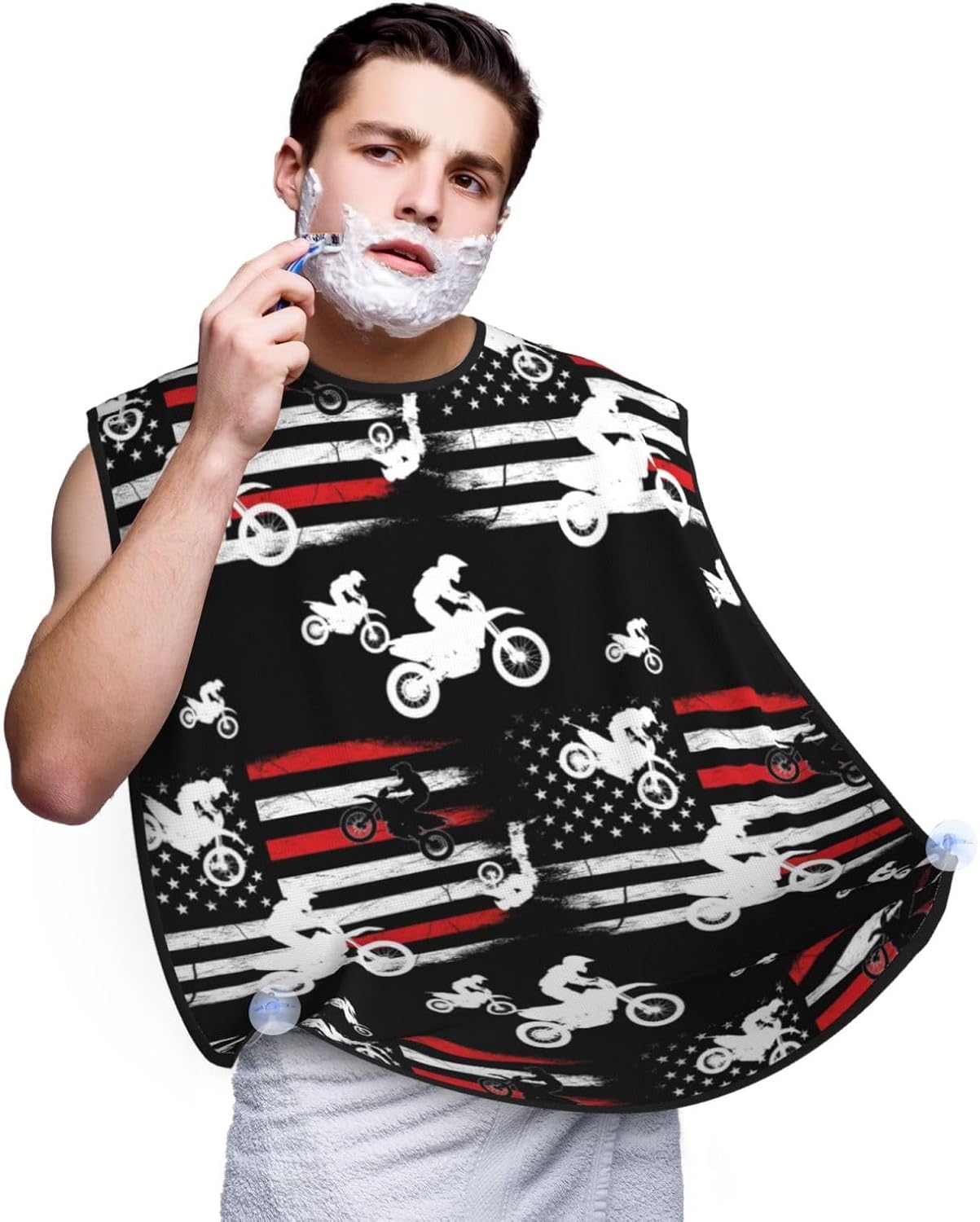 Beard Bib Apron for Men Shaving, Waterproof Non-Stick Hair Catcher with Suction Cups, Grooming Essential for Dad Husband, Motorcycle Dirt Bike Thin Red Line American Flag Black Shave Bib