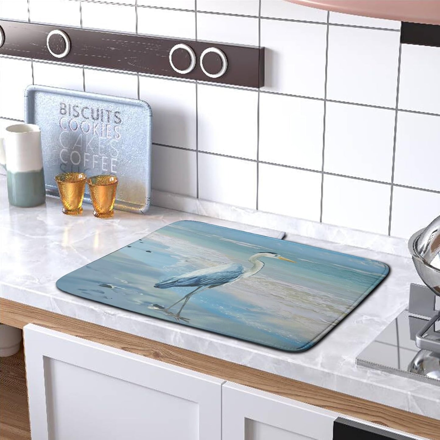 Summer Blue Dish Drying Mat for Kitchen Counter 18x24 Inch Heron Coastal Beach Drying Mats Nautical Ocean Bird Dishes Drainer Mats Microfiber Absorbent Dish Rack Pad