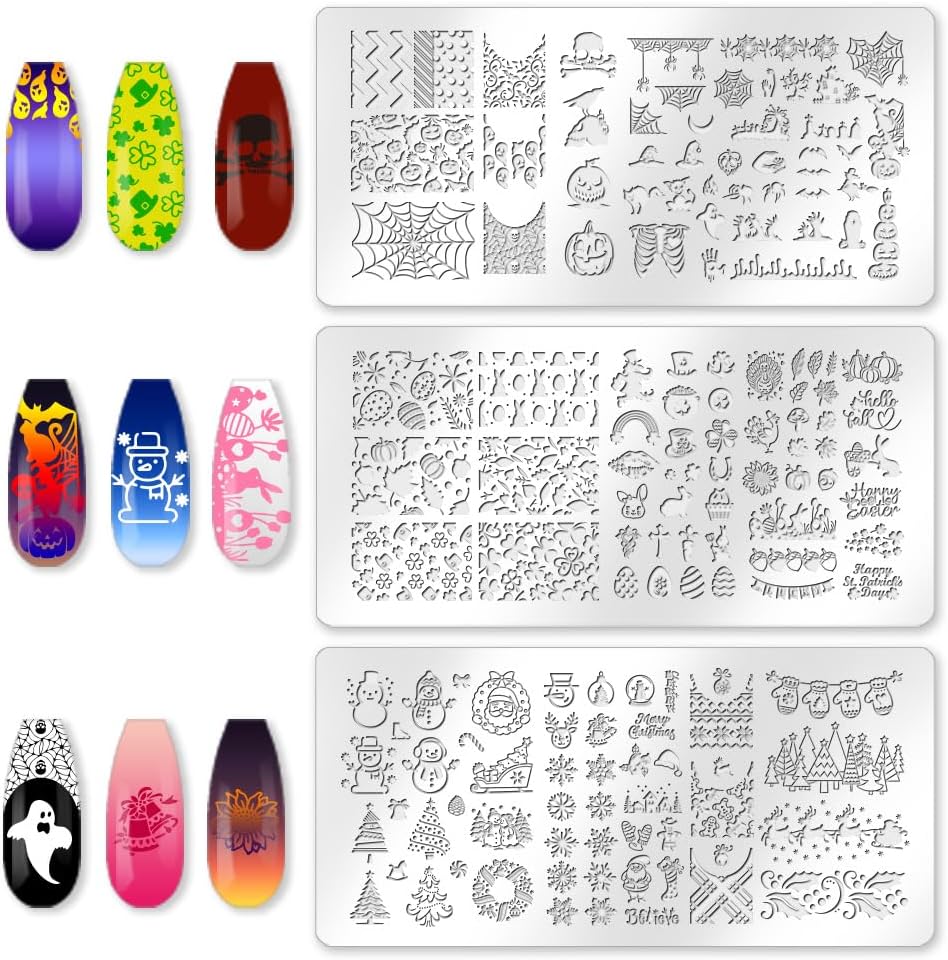 3Pcs Holiday Nail Stamping Plate Seasonal Nail Stamp Templates Nail Art Stamp Plates Easter St. Patrick's Day Christmas Halloween Image Plate Tools with Stamper Scraper for Manicure Printing