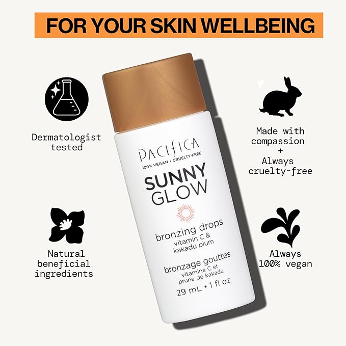 Pacifica Sunny Glow Liquid Face Bronzer Drops - Face Makeup Bronzing For Face & Cheeks for Instant Sun-Kissed Glow - Vitamin C & Glycolic Acid Infused Liquid Bronzer Illuminating Highlighting Clean