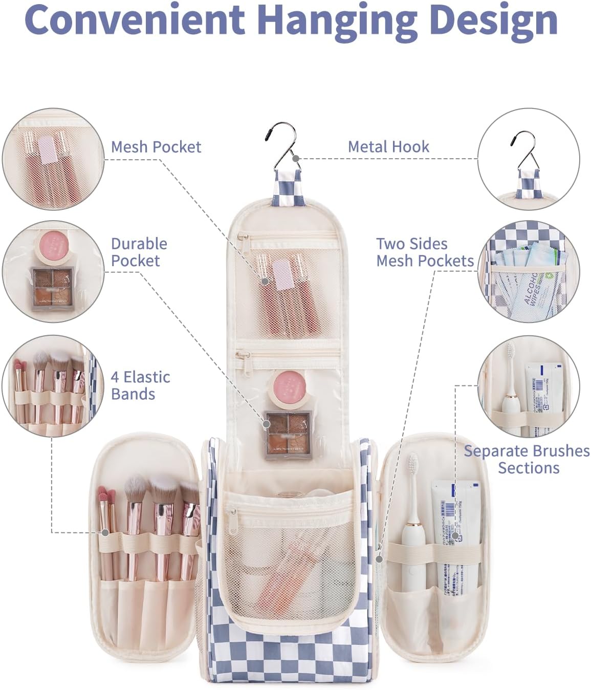 Narwey Small Checkered Hanging Travel Toiletry Bag for Women, Travel Bag for Toiletries, Makeup Bag Organizer Cosmetic Bags Make Up Bags for Women (Grayish Blue Checkerboard)