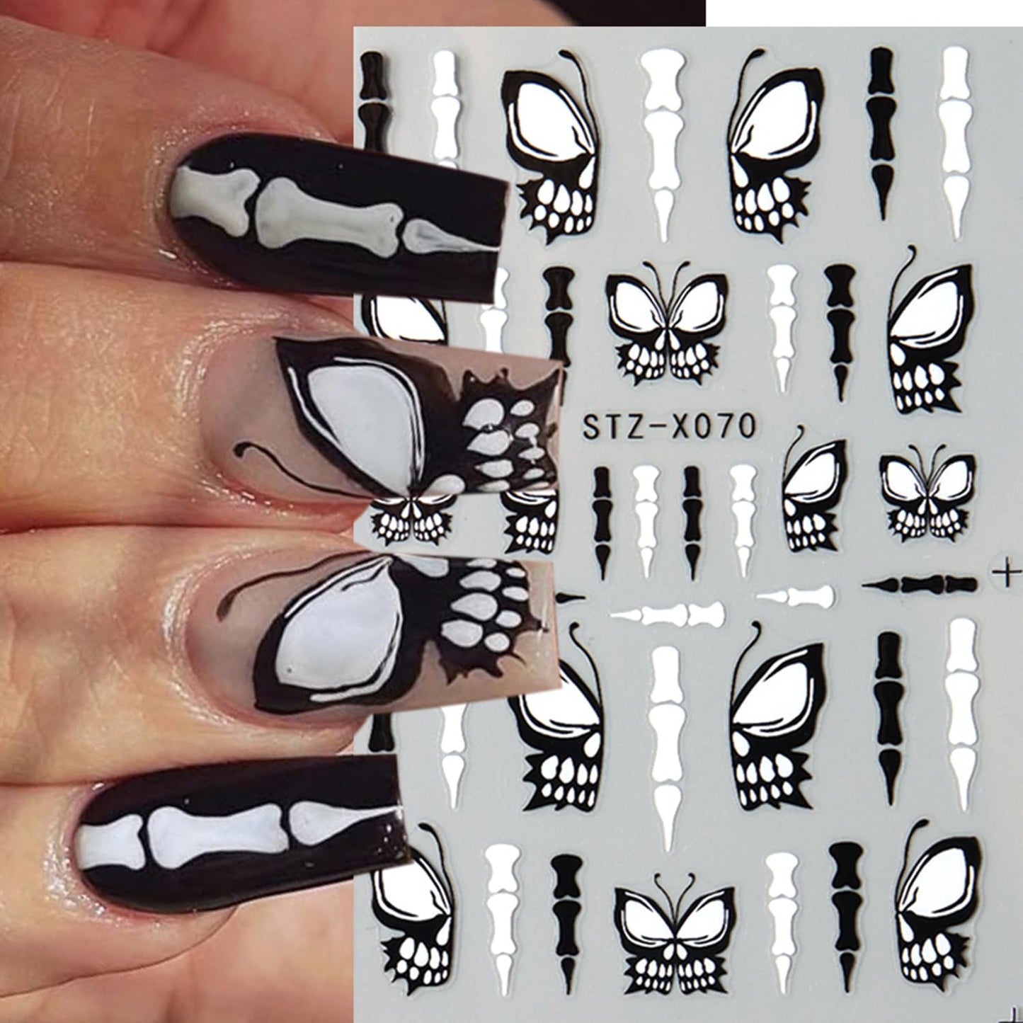 8 Sheets Black Halloween Nail Art Stickers Decals Spider Web Nails Sticker with Rhinestones Design Skeleton Blood Drop French Tip Nails Decals Self-Adhesive Butterfly Nail Art Decal Halloween Decor