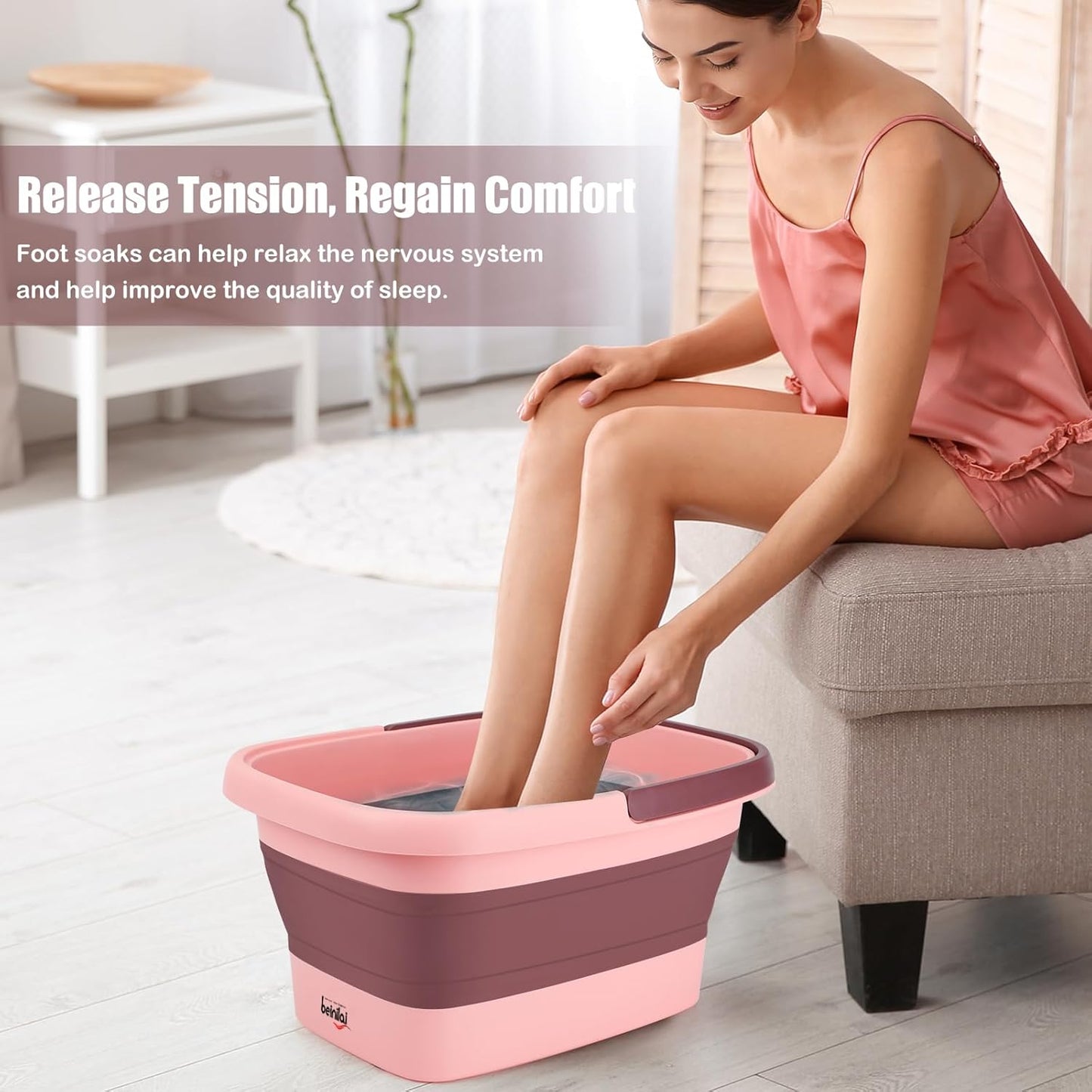 Foot Bath Collapsible Foot Soak Tub,Beinilai Collapsible Foot Bath Basin,Multifunction Plastic Basin with Handles,Foot Tub for Soaking Feet-Pink