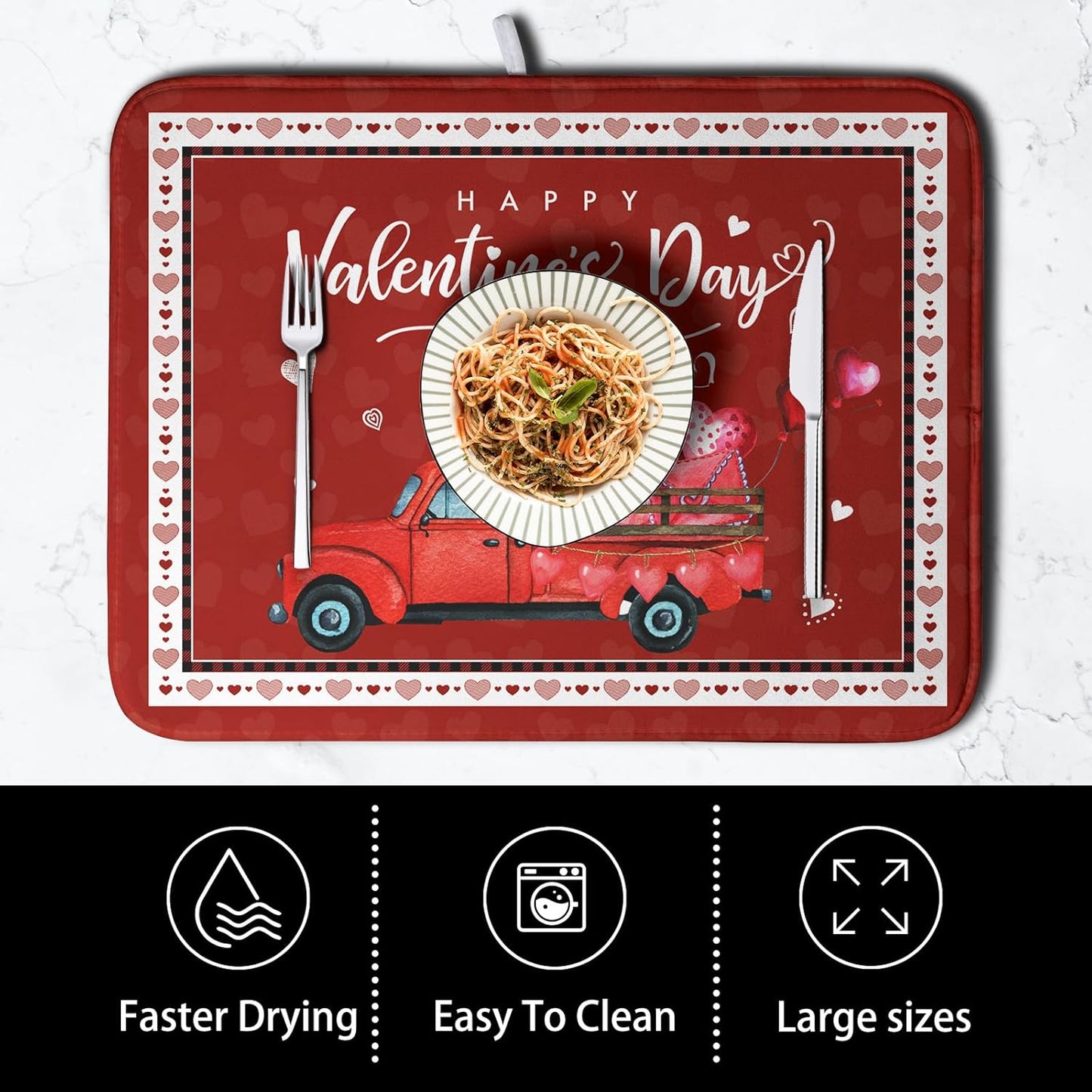 Valentine Red Truck Love Heart Dish Drying Mat 16x18 Inch Happy Valentine's Day Drying Mat for Kitchen Counter Microfiber Dish Drainer Mats Absorbent Dish Rack Pad for Home Coffee Bar Sinks