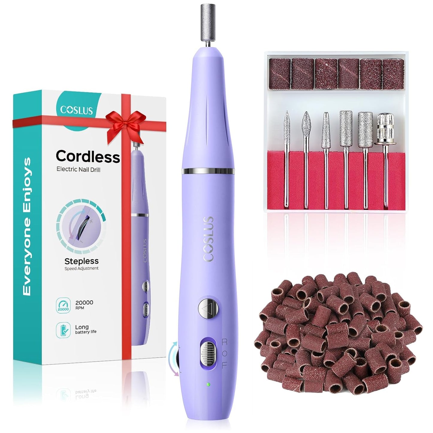 COSLUS Cordless Electric Nail Drill File: Nail Drill Machine with Stepless Speed Knob for Acrylic Gel Dip Powder Polish, Professional Portable Manicure Pedicure Rechargeable for Home Salon Use Purple