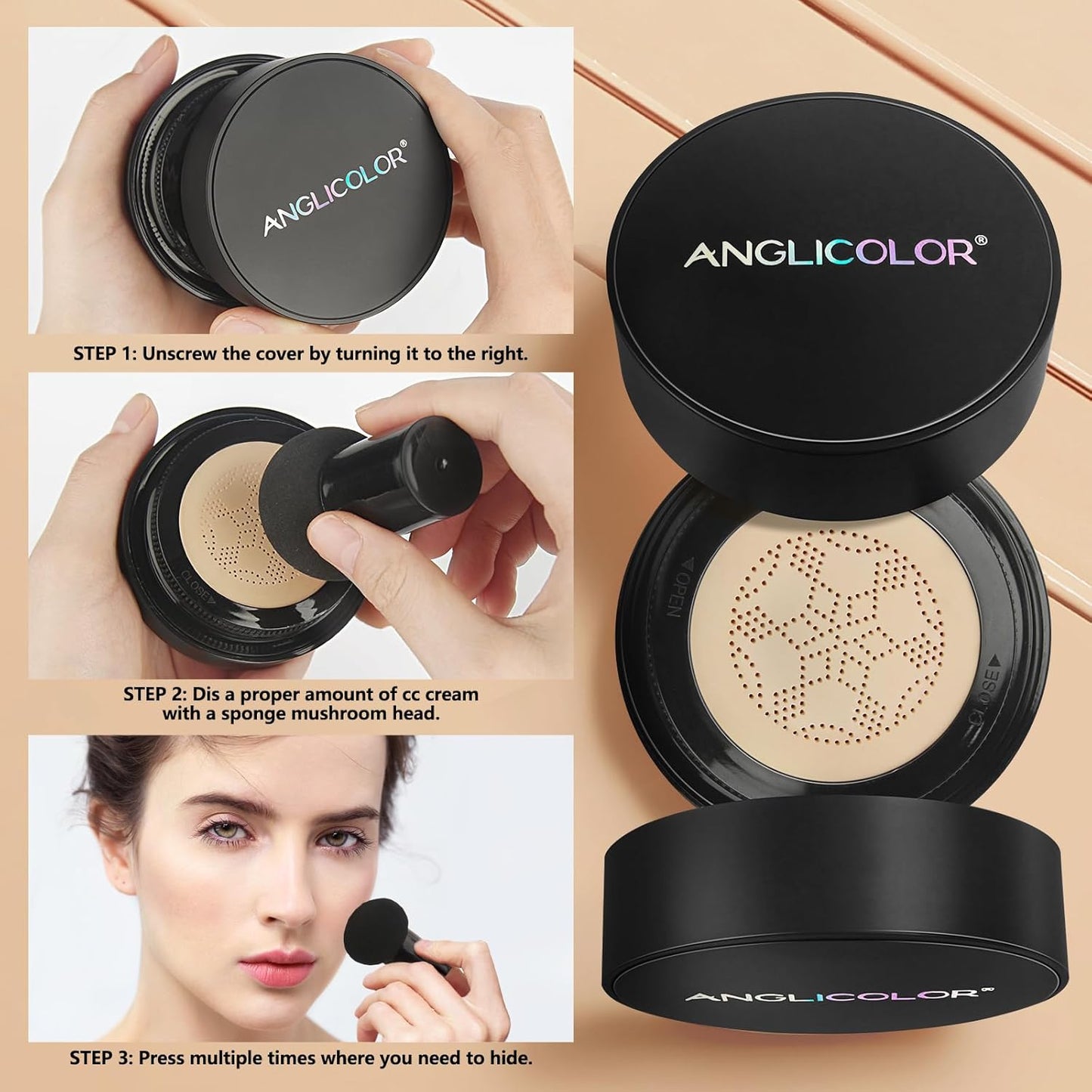 Mushroom Head Air Cushion CC Cream Full Coverage,Face Makeup Cushion Foundation Long Lasting,BB Cream Even Skin Tone for Oily & Combination Types (#04 Buff Beige)
