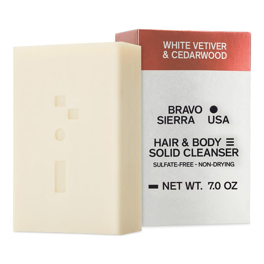 Bravo Sierra All-In-One Shampoo & Soap Bar for Men's Face, Hair & Body - White Vetiver & Cedarwood, 7 oz - Coconut, Shea Butter and Oat Flour for Soft Skin and Healthy Hair