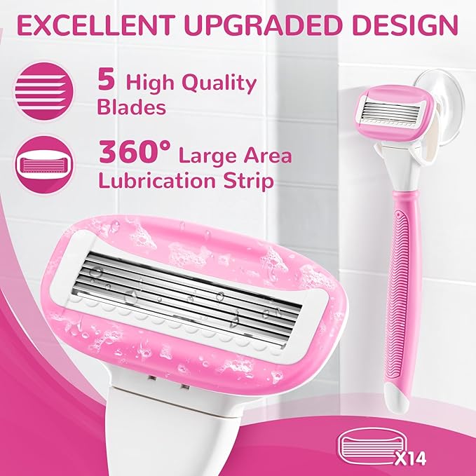 DreamGenius Razors for Women Include 2 Non-Slip Handles and 14 Blade Refills with a Shower Holder, 5 Premium Blades Women's Razors for Shaving with 360° Lubrication Reduces Irritation, Pink