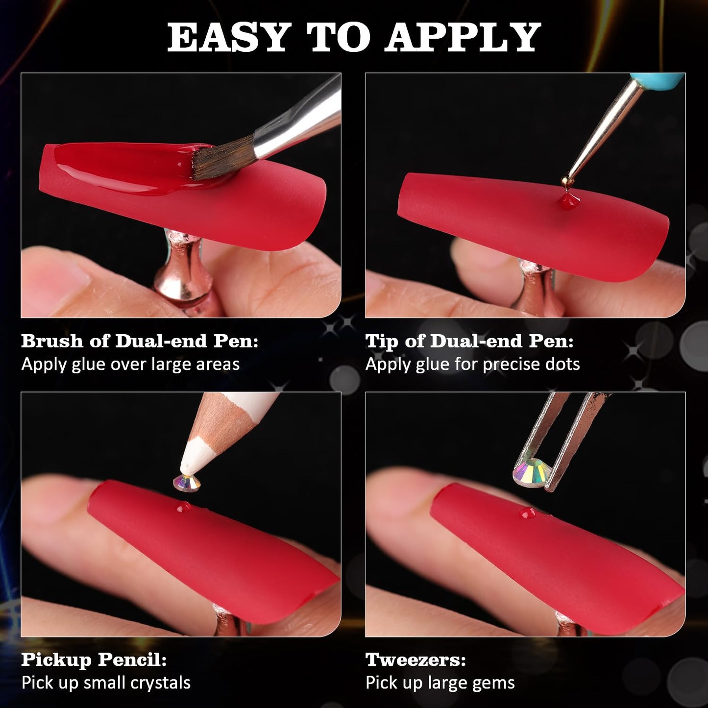 Multifunctional Rhinestone Kit - Gold Glass Nail Charms & Beads (2-5mm), UV/LED Gel Glue with Dotting Tools