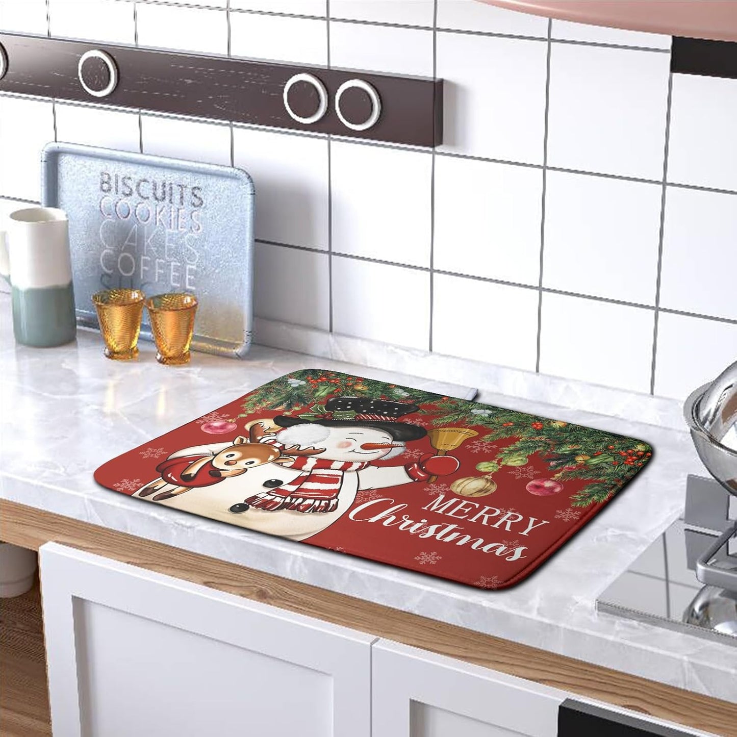 Christmas Dish Drying Mats for Kitchen Counter 16x18 Cute Snowman Red Dish Drying Pad for Dishes Winter Xmas Holiday Dish Draining Mat Absorbent Microfiber Dish Drainer Rack Mats