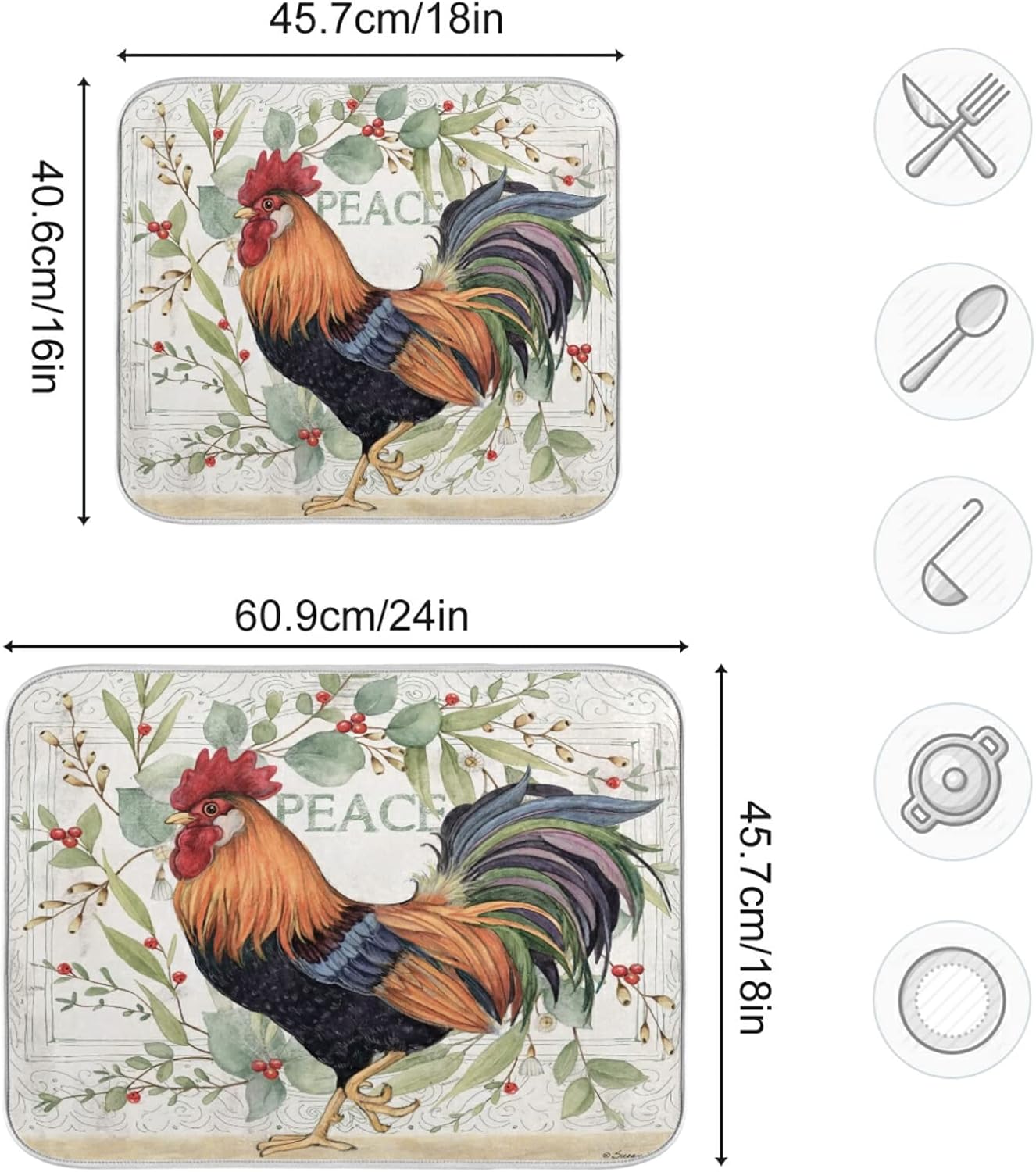 Farmhouse Rooster Farm Dish Drying Mats for Kitchen 18x24 inch Drying Mat Absorbent Microfiber Dish Mat Drainer Rack Mats Fast Dry for Kitchen Counter