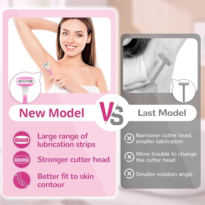DreamGenius Razors for Women Include 1 Non-Slip Handles and 7 Blade Refills with a Shower Holder, 5 Premium Blades Women's Razors for Shaving with 360° Lubrication Reduces Irritation, Pink