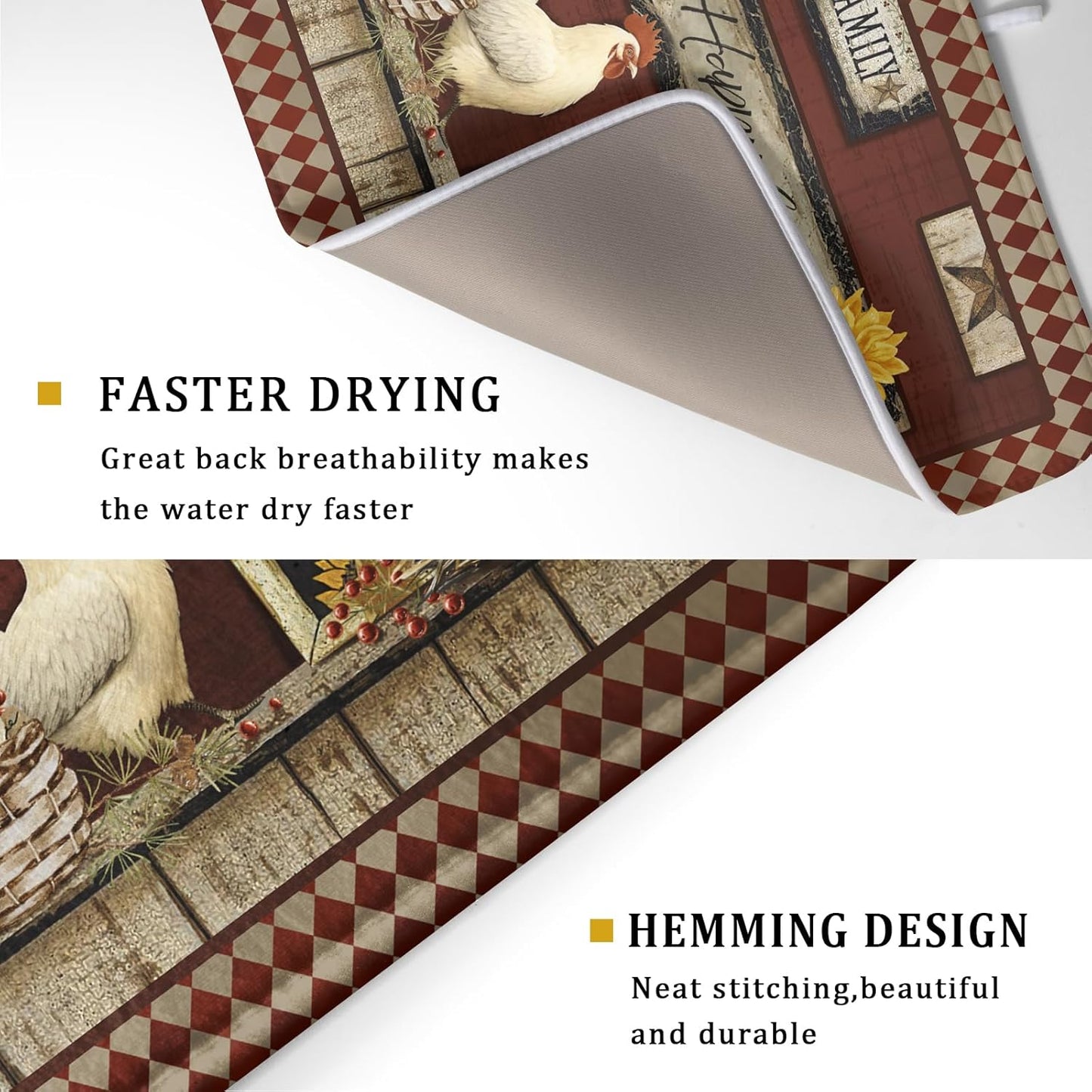 Vintage Rooster Dish Drying Mat 18x24 Inch Farmhouse Chicken Dish Drainer Pad Microfiber Absorbent Fast Dry Kitchen Counter Accessories