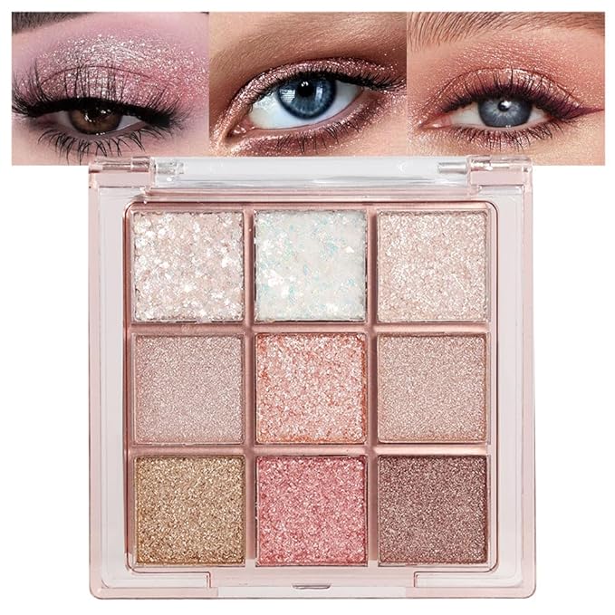 Pink Nude Glitter Shimmer Sparkle Eyeshadow,9 Colors Light Glitter Eye Shadow,Long Lasting Waterproof Natural Eyeshadow Palette,sombras para ojos