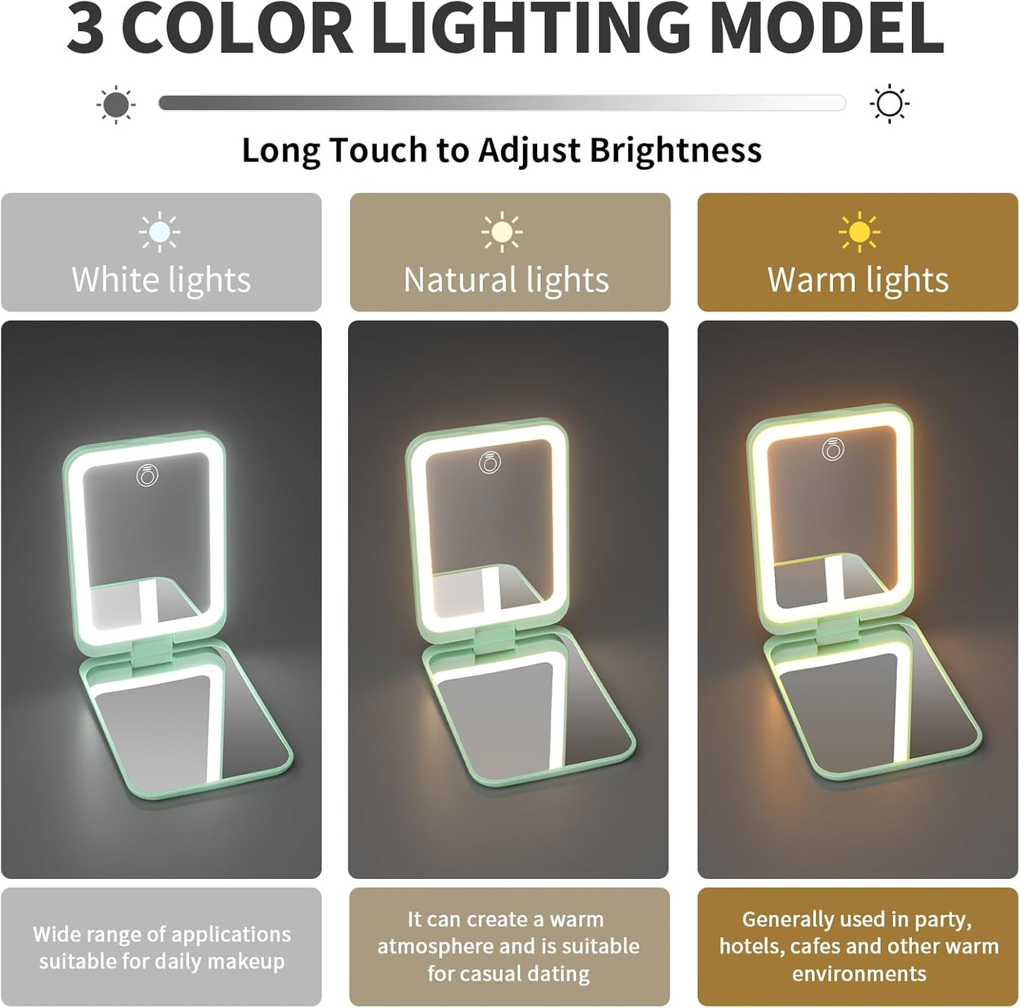 Kintion 2025 Pocket Mirror, Rechargeable Dimmable 3 Color Lighting 1X/3X LED Compact Travel Makeup Mirror for Purse, Portable, Folding, Handheld, Small Lighted Mirror for Women Gift, Cyan