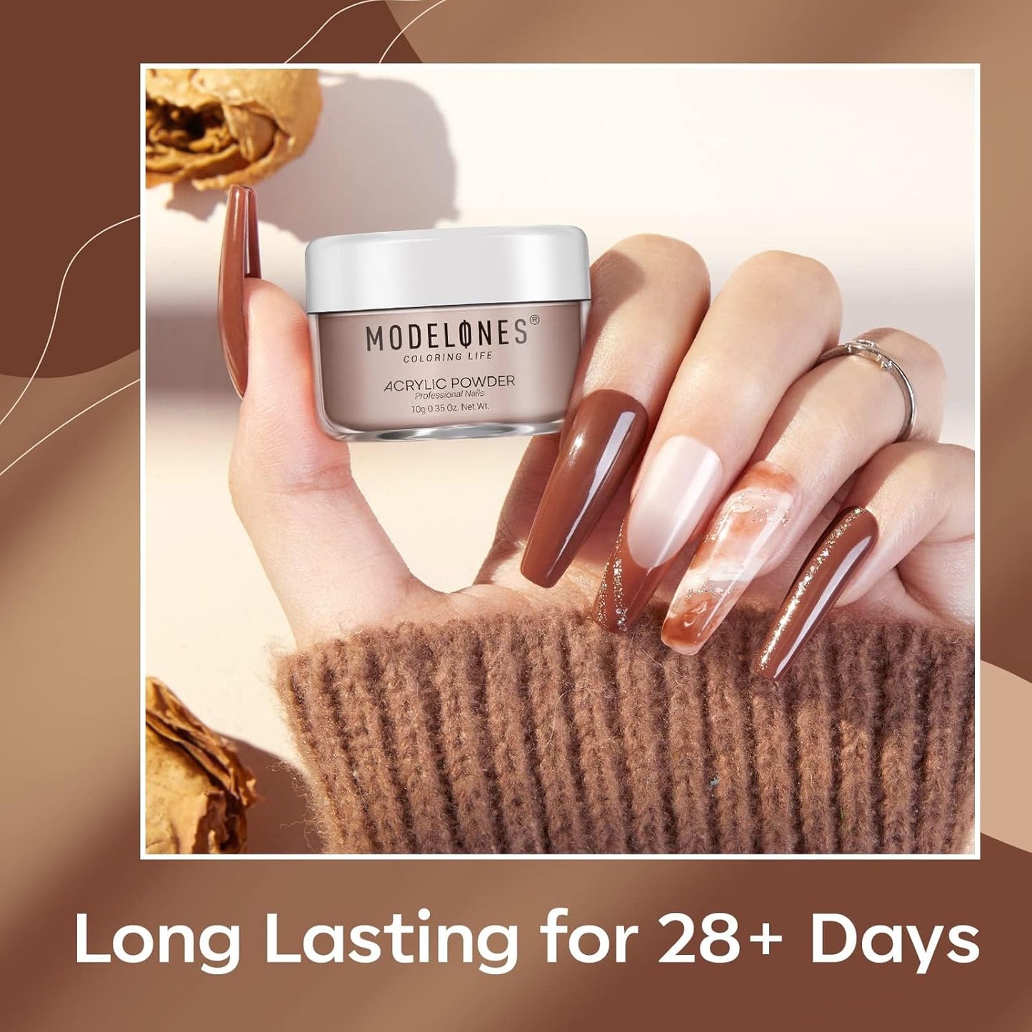 Modelones Nude Acrylic Powder 6 Colors Acrylic Nail Powder Kit Chocolate Brown Latte Soft Tones Cover Powder for Nail Art Extension No Nail Lamp Needed (C2-Going Nude)