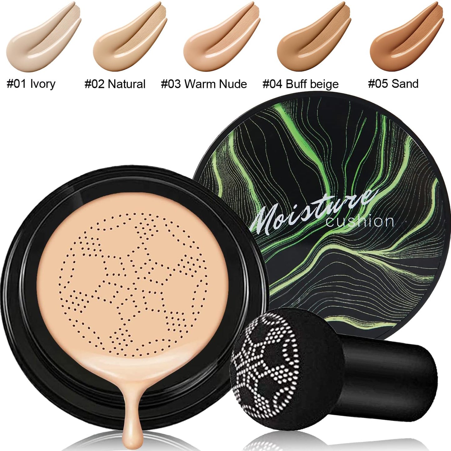 Mushroom Head Air Cushion CC Cream Natural Foundation,Phoera Powder, Bright Makeup Base Long Lasting with Makeup Sponge and Flat Top Kabuki Foundation Brush (#03 Warm Nude)