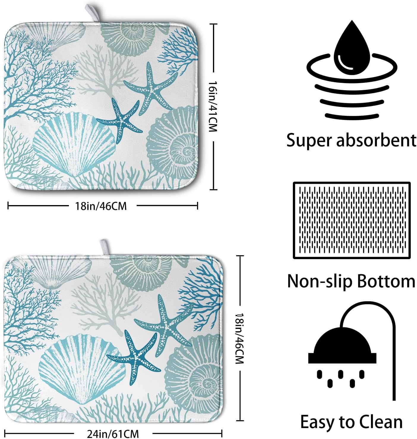 Summer Blue Dish Drying Mat for Kitchen Counter Nautical Coastal Teal Dishes Drainer Mats Beach Coral Seashell Starfish Ocean Absorbent Microfiber Dish Draining Pad 16x18 Inch