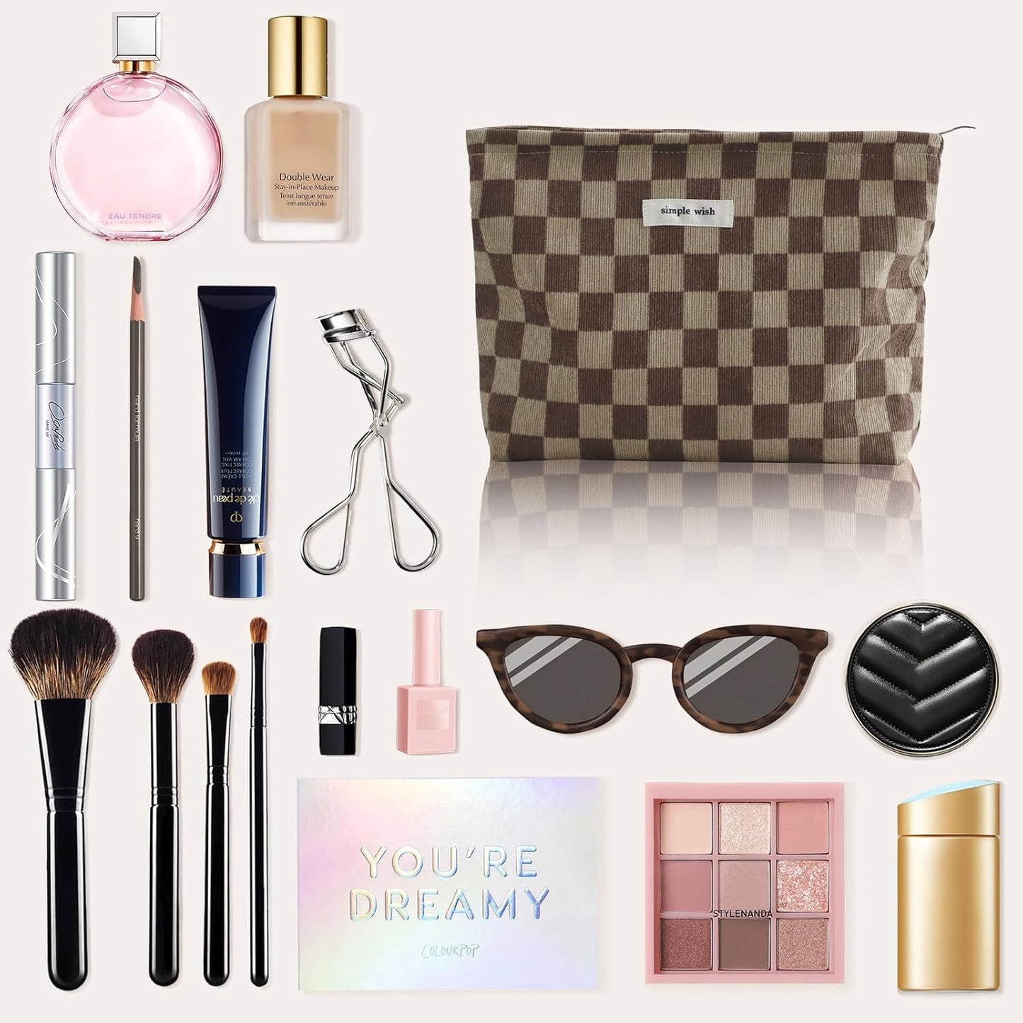 Wudygirl Travel Cosmetic Bag Checkered Makeup Bag Canvas Makeup Pouch for Women Toiletry Pouch Large Capacity Make up Organizer with Zipper Aesthetic (Brownish Checkered)