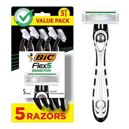 BIC Flex 5 Sensitive Men's Disposable Razors, Perfect for Father's Day, 5-Blade Precision for a Close Shave, 5-Pack