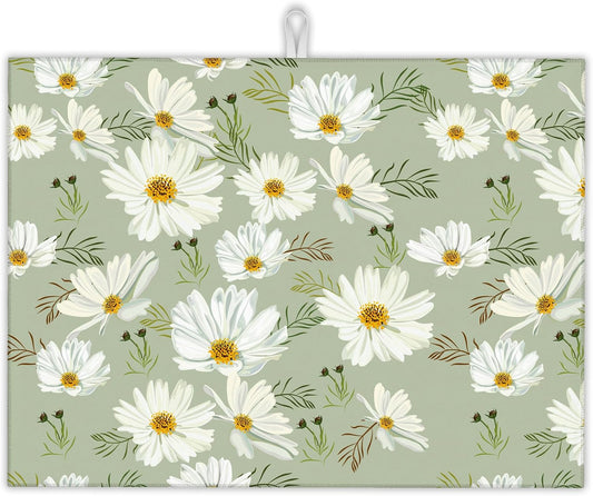 White Daisy Flowers Dish Drying Rack Mat for Kitchen Counter, Dish Drying Pad Absorbent Reversible Microfiber Protector for Coffee Bar Sink Countertops 18x24 Inch