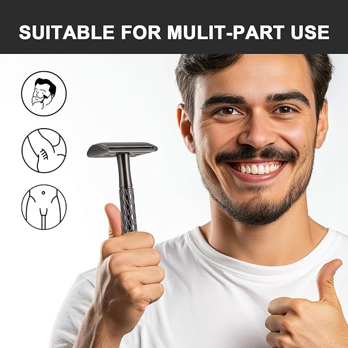 Single Blade Safety Razor for Men with Silicone Cover & 10 Blades Double Edge Safety Razor for Travel Metal Eco-Friendly Reusable Razor for Shaving (Matte Black)