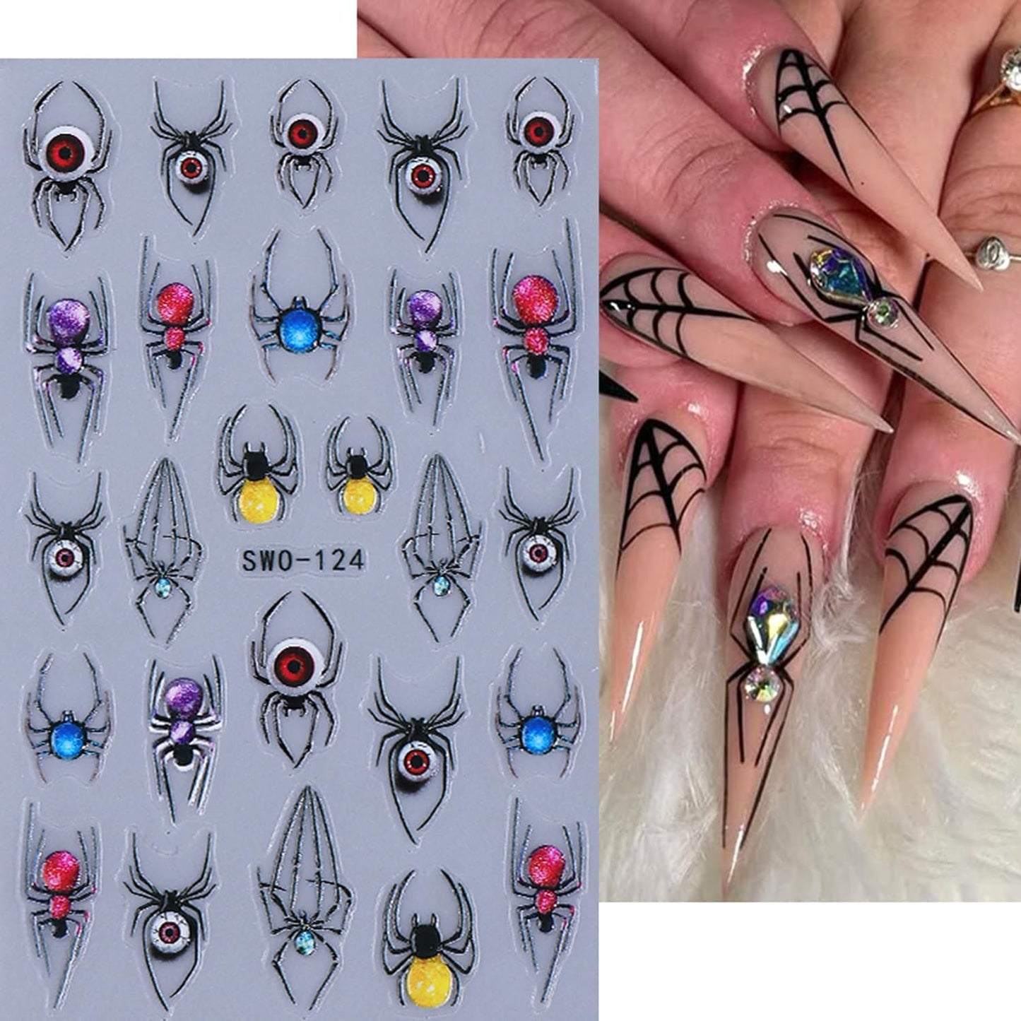 Halloween Nail Art Stickers Decals 5D Embossed Spider Nail Stickers Spider Web Nails Decal Self-Adhesive Design Nail Art Decal for Women Halloween Decor (5 Sheets)