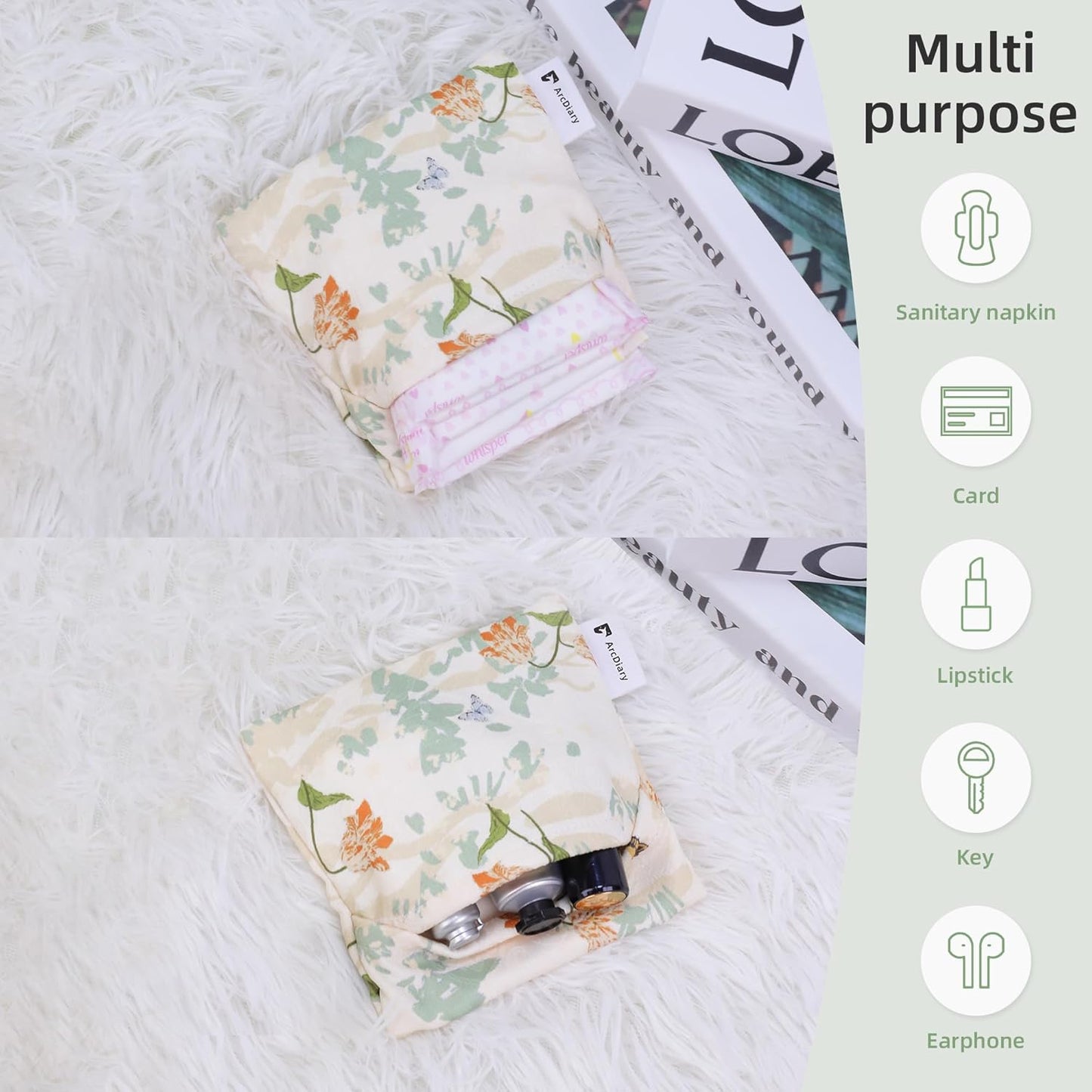 Period Bag for Teen Aged Girls, Portable Sanitary Pad Storage Bag for Teen Pads/Sanitary Napkins/Small Tampons, Feminine Menstrual Cup Pouch (Orchid Grass)