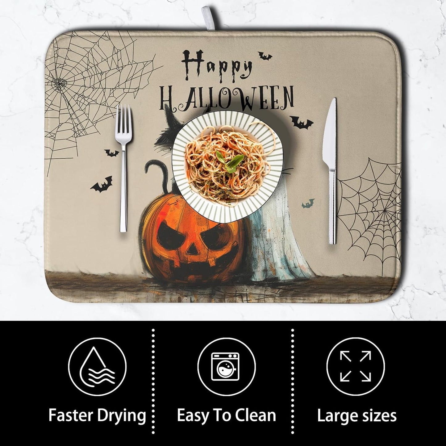 Happy Halloween Dish Drying Mat for Dishs 18x24 Inch Halloween Pumpkin Ghost Black Cat Kitchen Drying Mat Spooky Spiderweb Holiday Dish Drainer Mat Super Absorbent Dish Rack Pad for Coffee Bar Sinks