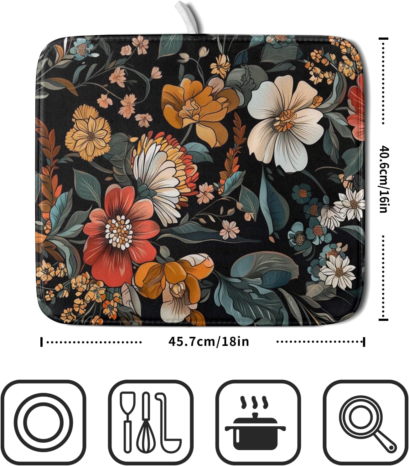 Vintage Floral Dish Drying Mat 16x18 inch Boho Flower Drainer Mats Fast Dry Absorbent Washable Dish Rack Pad Protector Kitchen Accessories