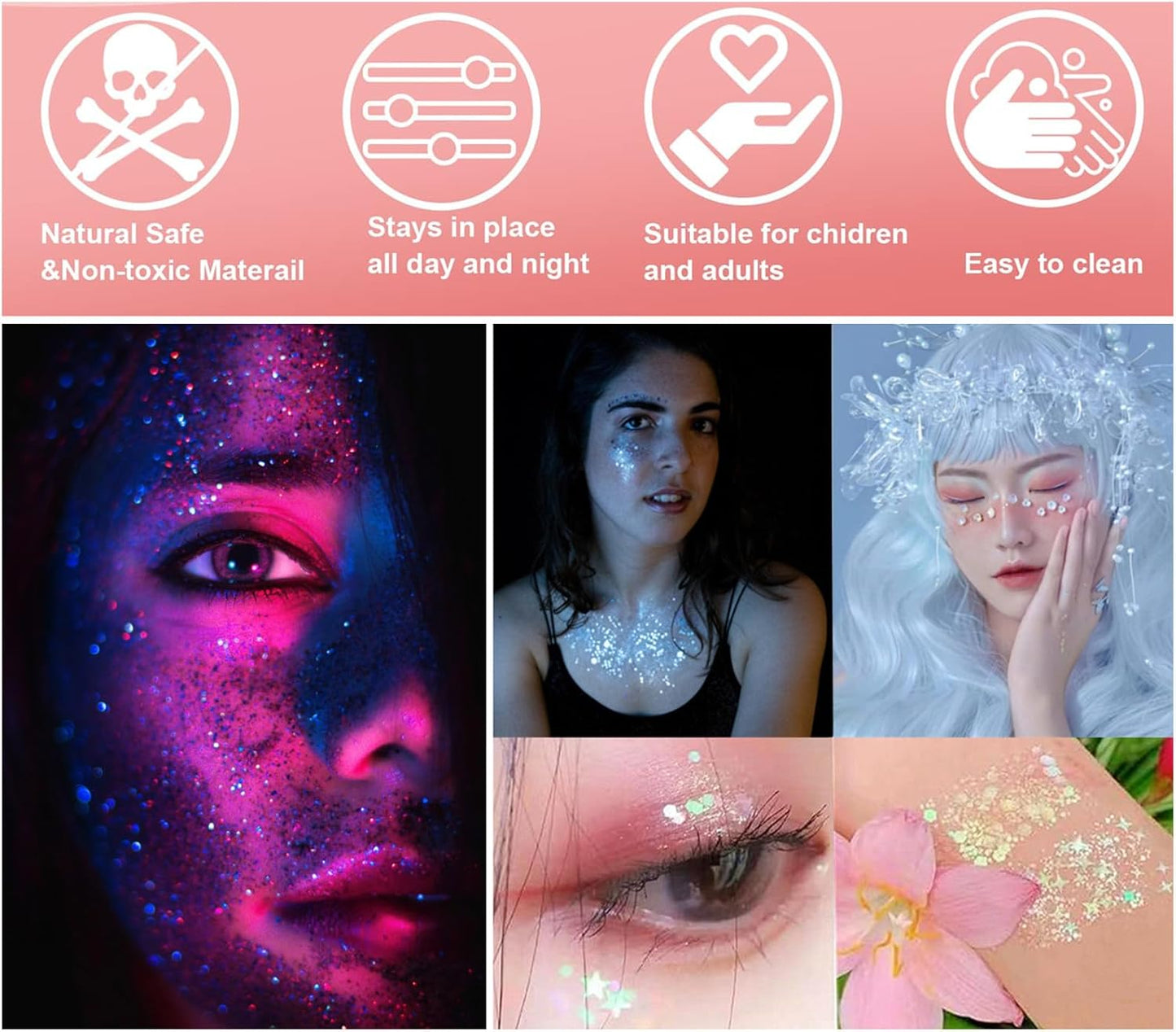 Go Ho Black Face Body Glitter,Halloween Face Paint Glitter Makeup,Holographic Chunky Sequins Glitters for Festival Cosplay SFX Costume,Festival Rave Accessories,Eye Black Glitter Gel