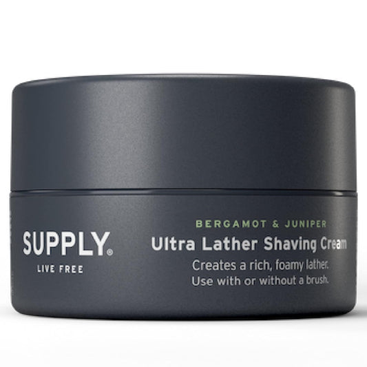 SUPPLY Ultra Lather Shaving Cream - Juniper & Bergamot - Lathering, Men's Shaving Cream - Hypoallergenic, Naturally Soothing, Noncomedogenic - Protects Against Razor Burn and Irritation - 3.4 Oz Jar