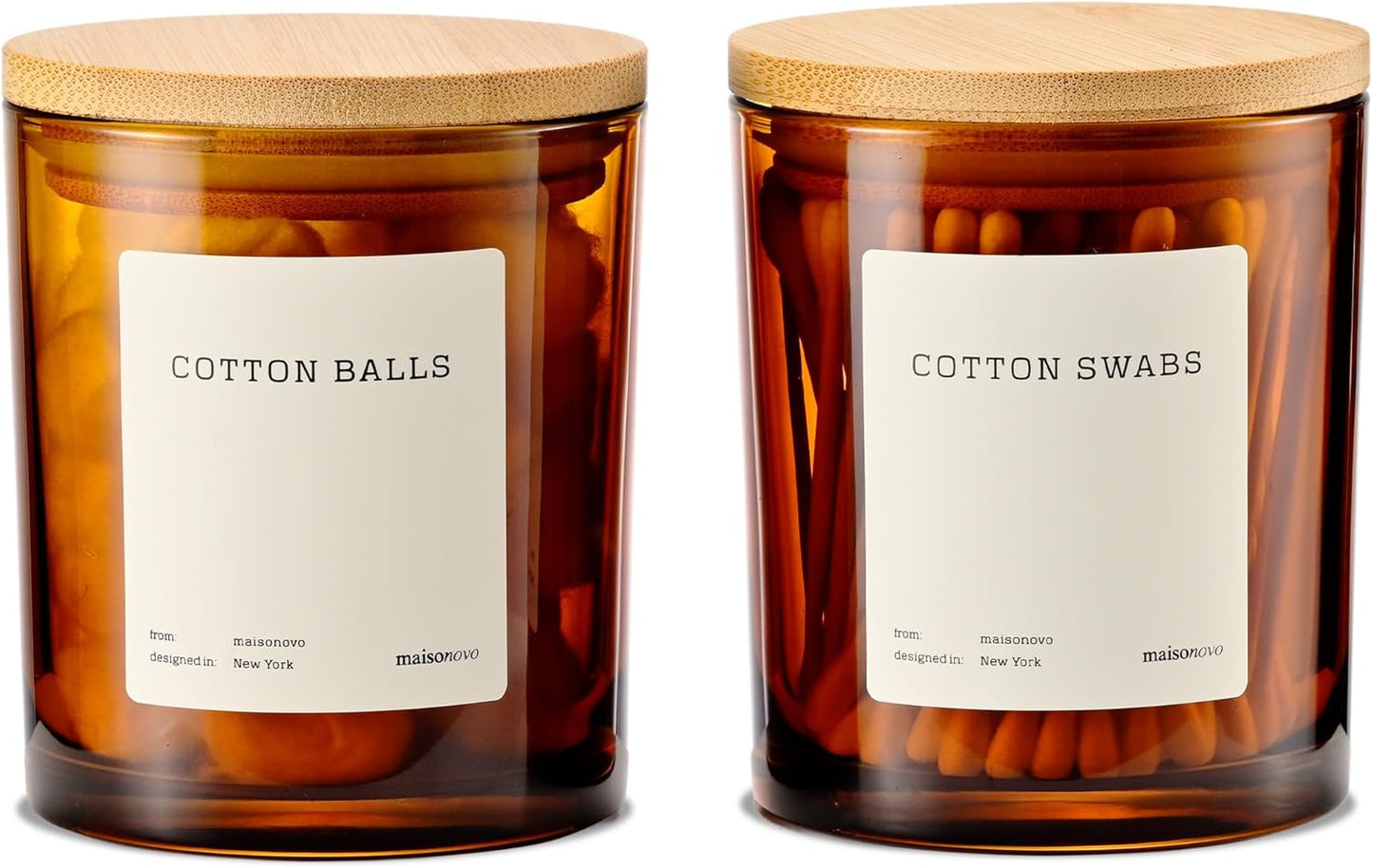 MaisoNovo Qtip Holder Bathroom Set – Airtight Cotton Ball Holder with Lid to Store Cotton Rounds, Swabs, Floss Picks, Hair Ties with free labels pack - 2 Amber Jars with Bamboo Lids