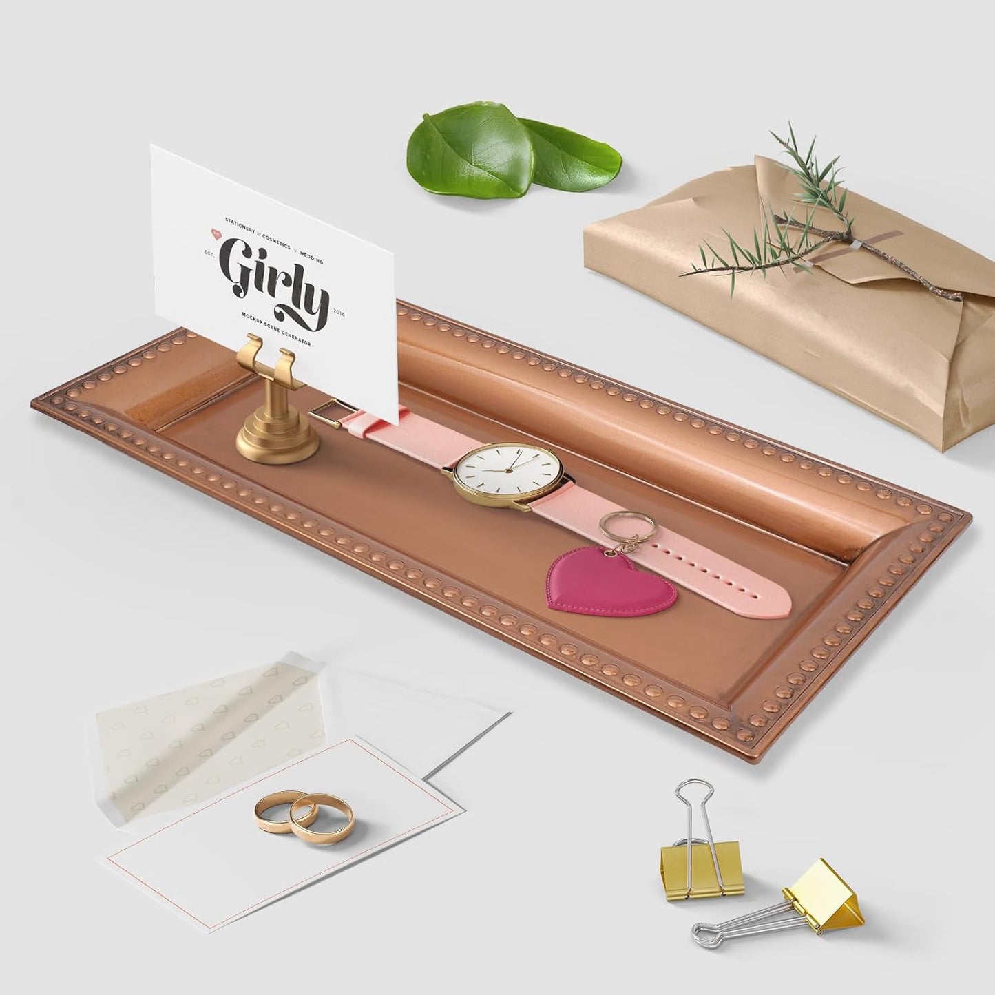 2 Pack Bronze Bathroom Vanity Tray for Countertop with Beads, Small Plastic Toilet Tank Versatile Storage Organization Tray for Makeup, Perfume, Desk, Kitchen, Candles, 14"x7"x1", 36GT