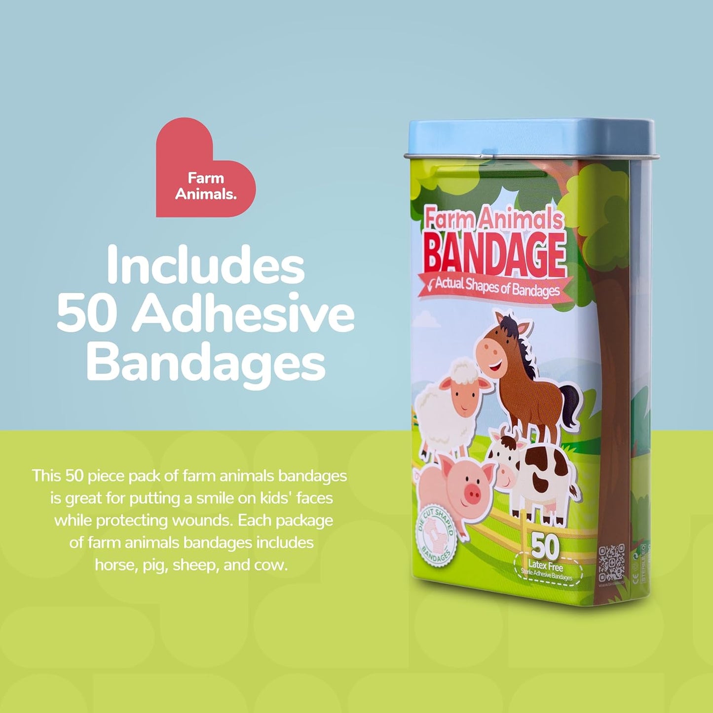 BioSwiss Kids Bandages, Farm Animal Shaped Self Adhesive Bandage Set, Latex Free, Sterile Wound Care, 50 Count