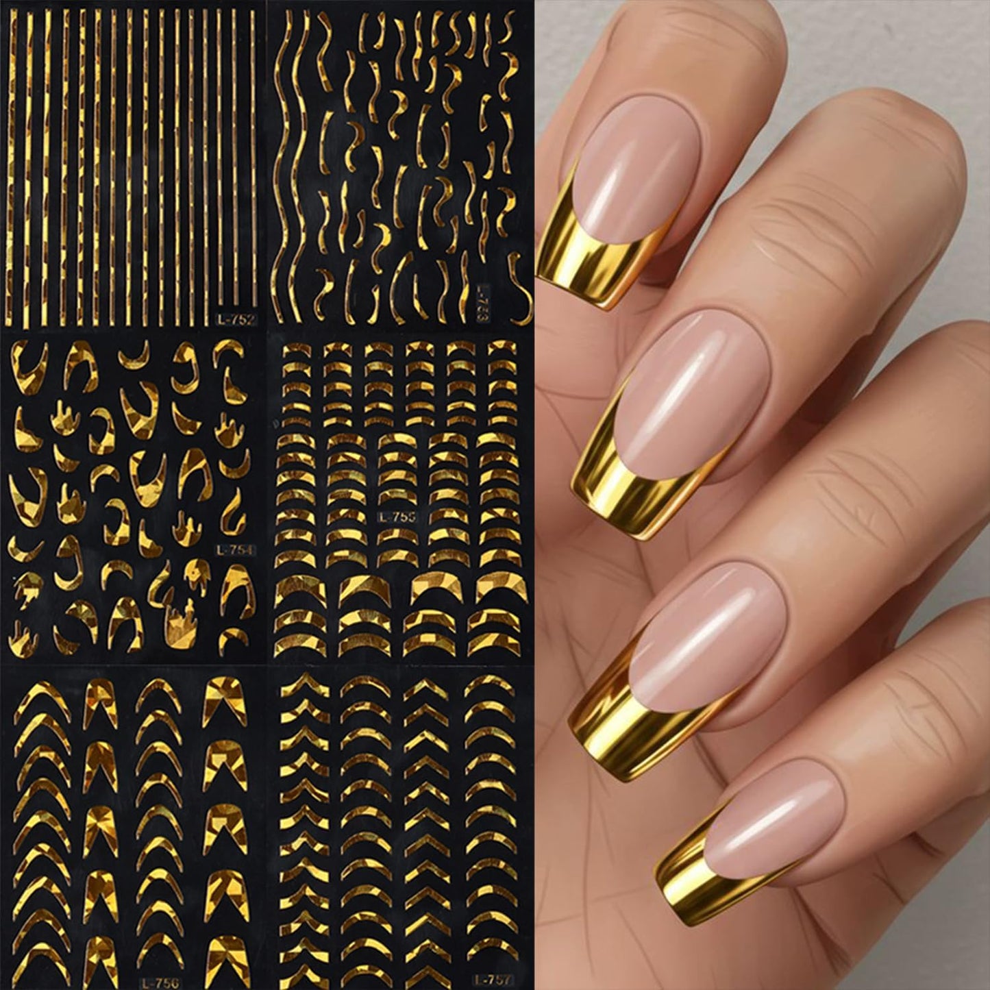 6 Sheets Gold Nail Art Stickers Decals Wavy Stripe Nails Stickers French Tip Nails Decal Self-Adhesive Irregular Lines Nail Art Decal for Women Manicure Decor