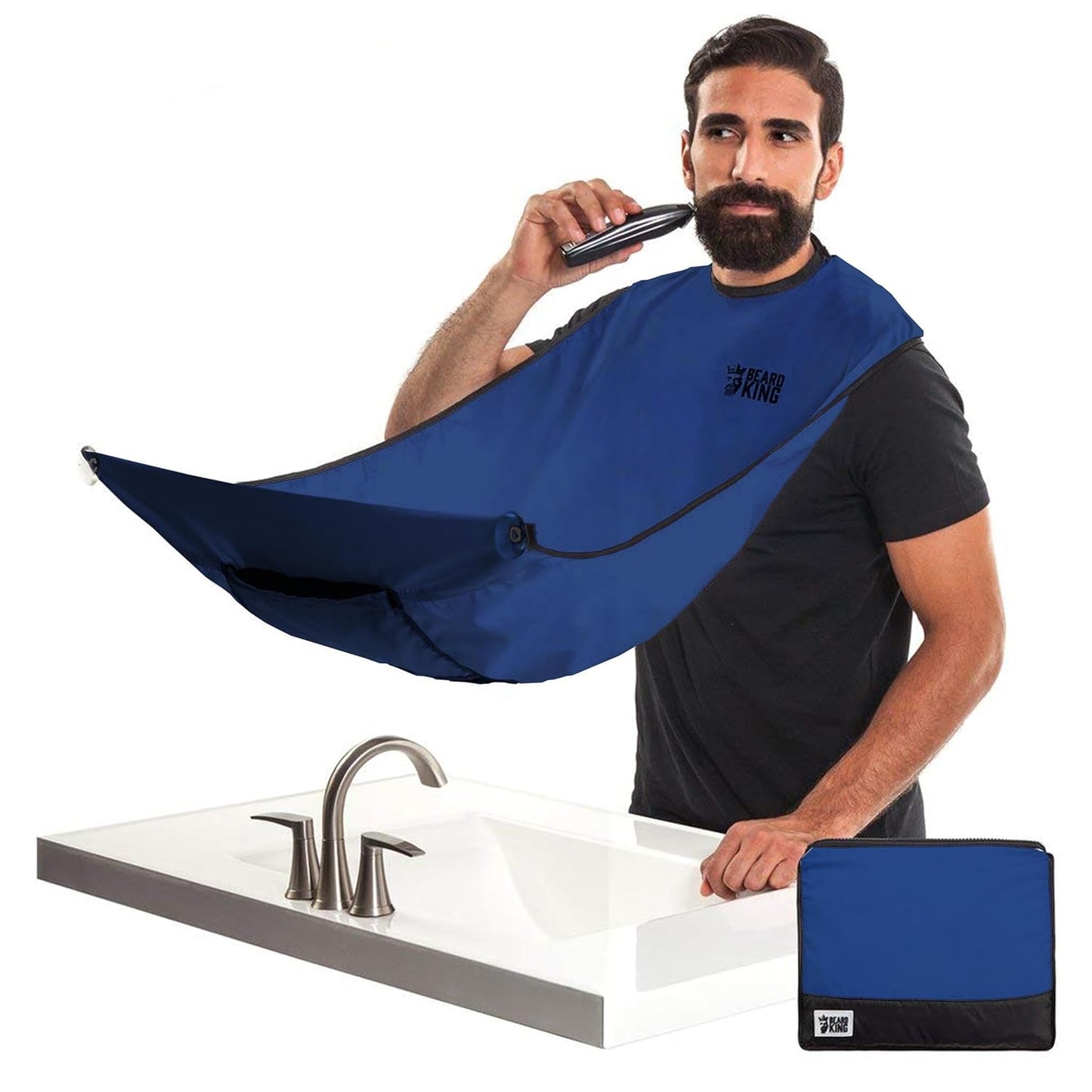 BEARD KING Beard Bib Apron - Shaving Set for Dad - As Seen on Shark Tank - Men's Hair Catcher for Shaving - Grooming Accessories - Packing Pouch, Blue